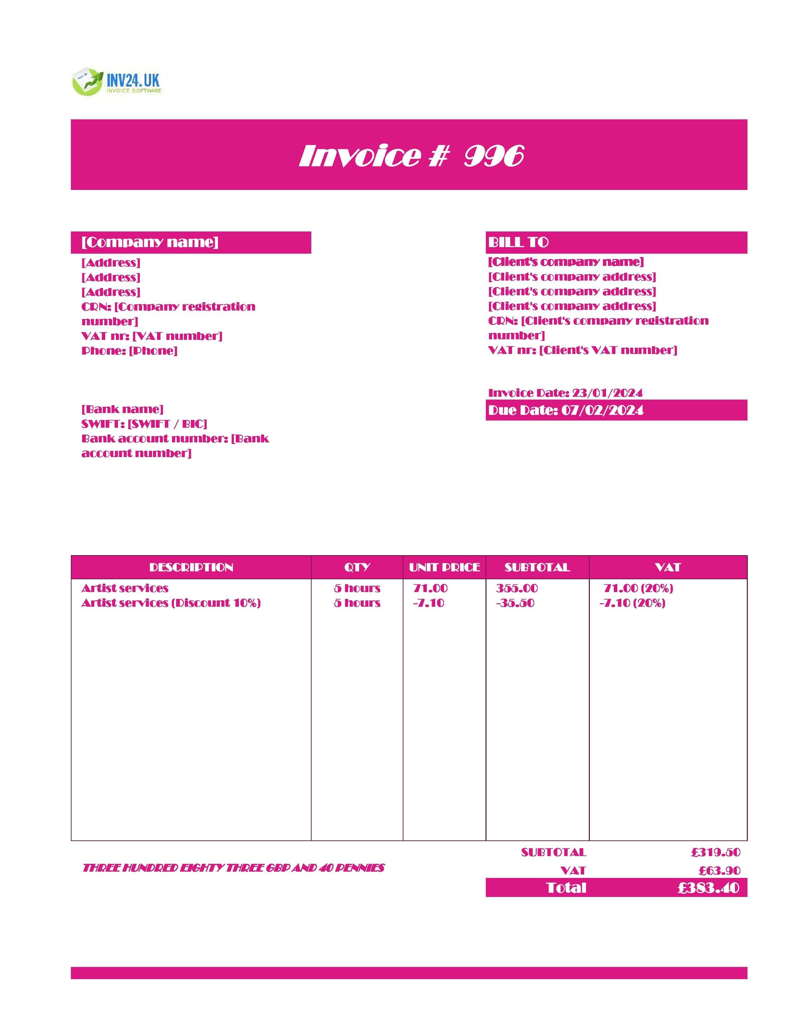 Artist Invoice Template UK (Excel / Google Sheets)