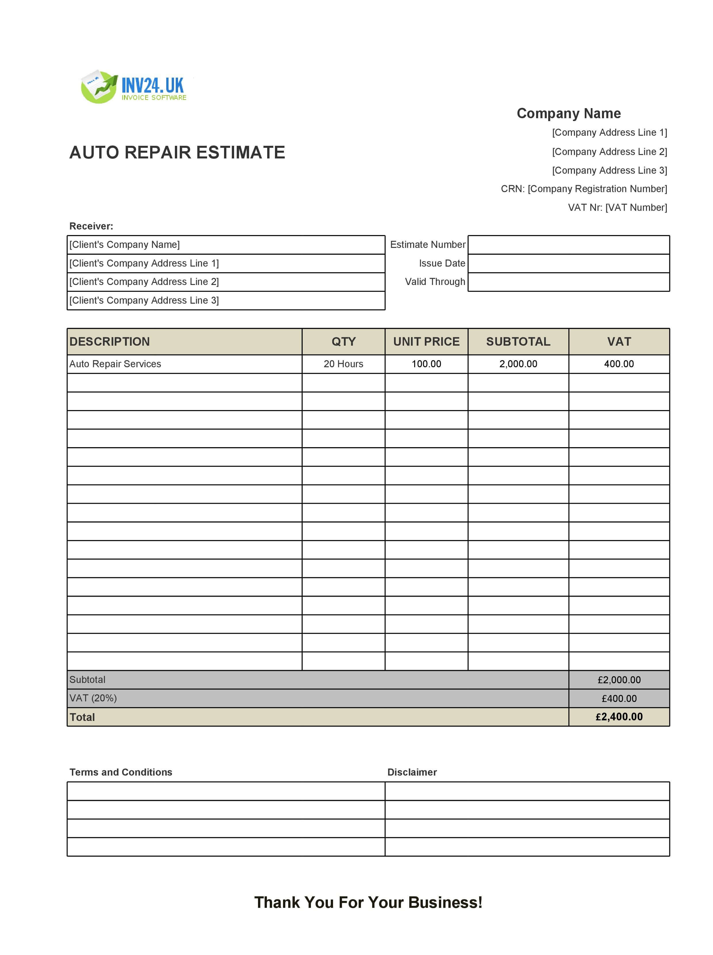 Auto Repair Estimate Template for UK (Excel / Google Sheets)