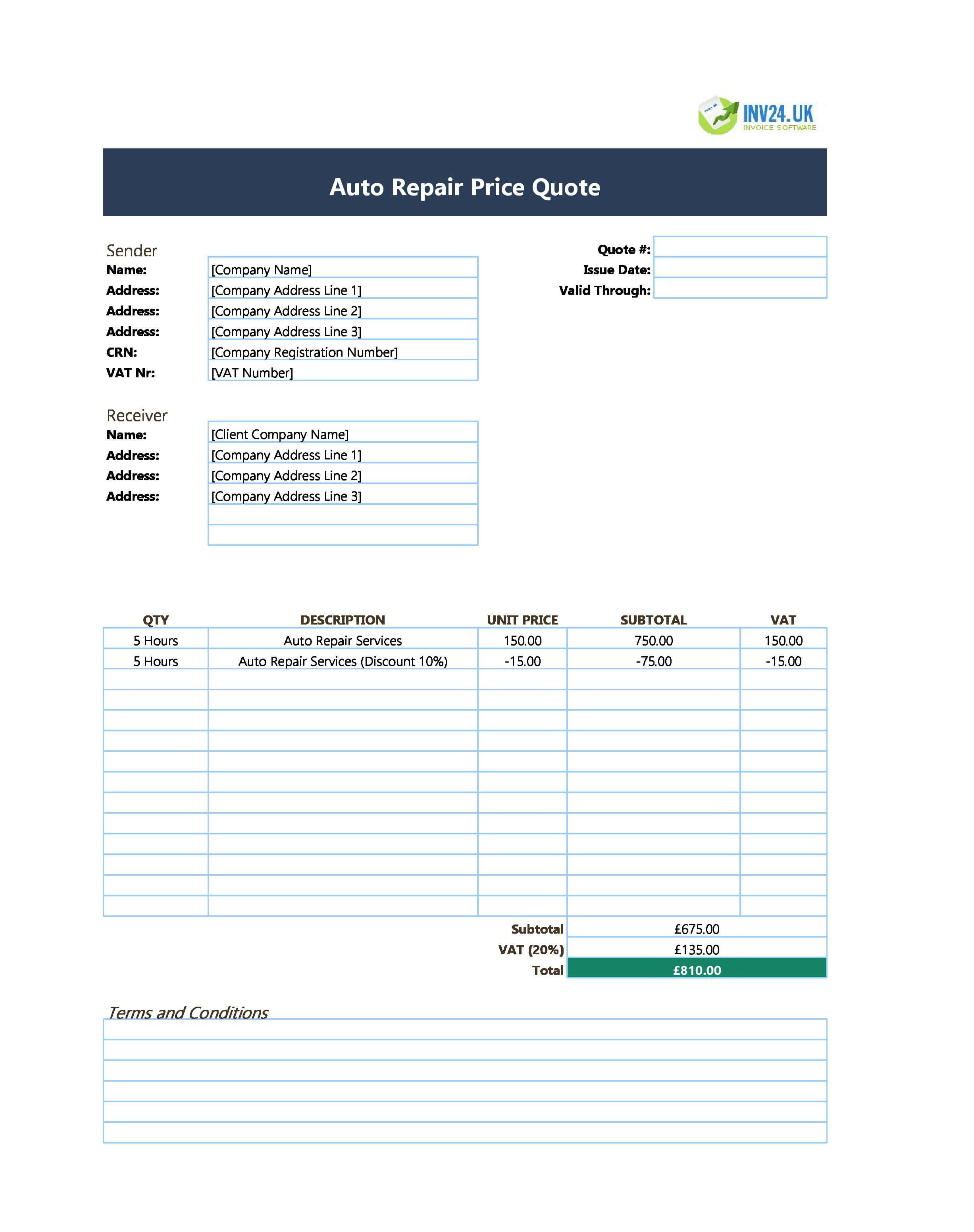 Auto Repair Shop Quote Template for UK (Excel / Google Sheets)