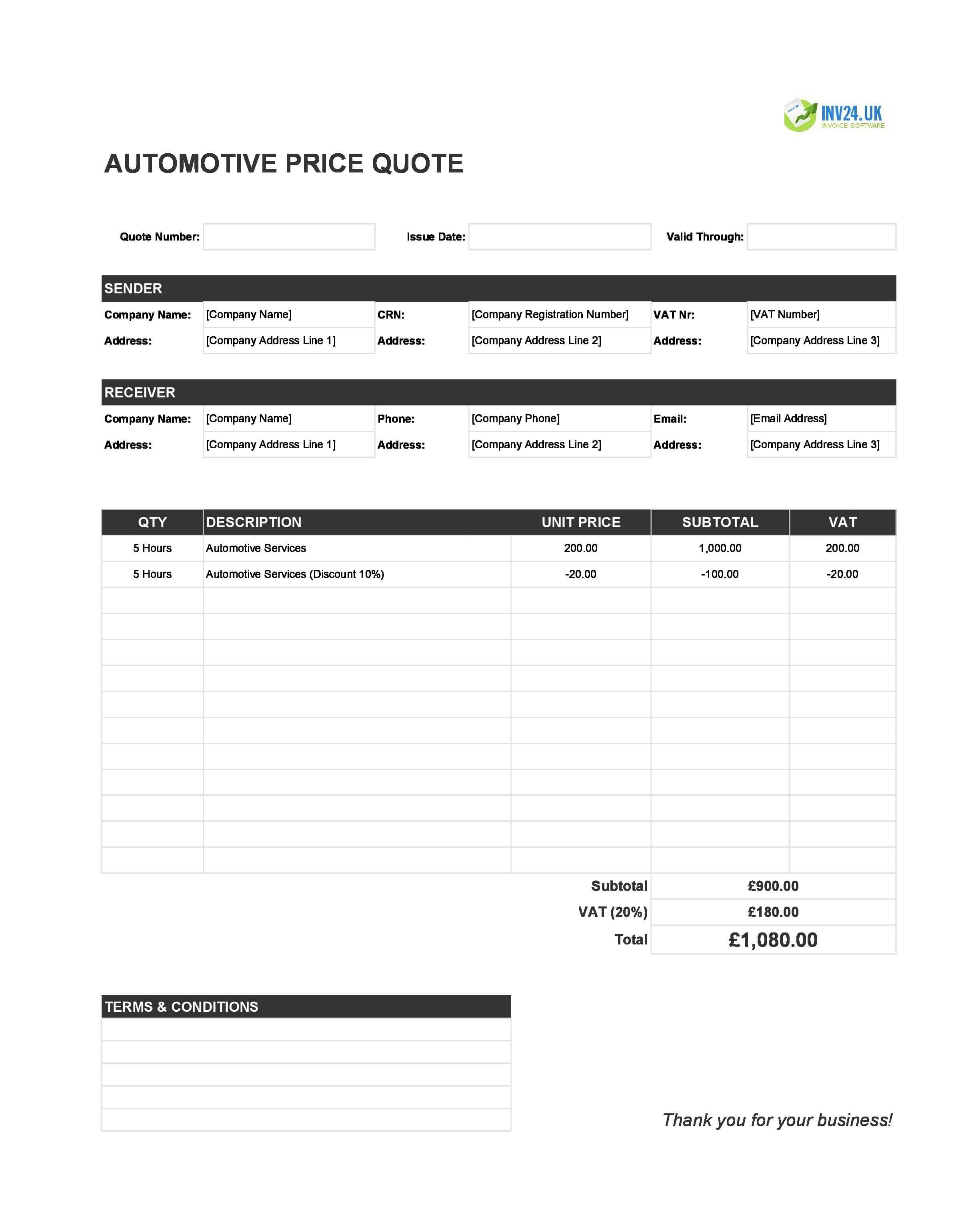 Automotive Quote Template for UK (Excel / Google Sheets)