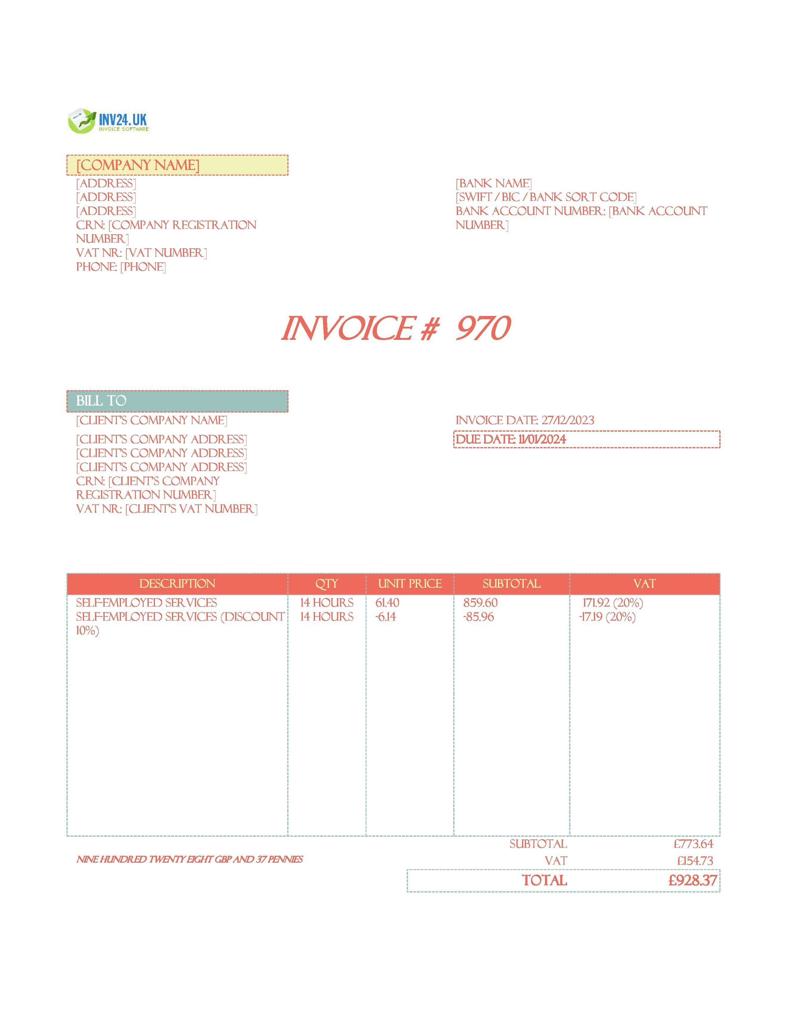 Basic Self-Employed Invoice Template UK (Excel / Google Sheets)