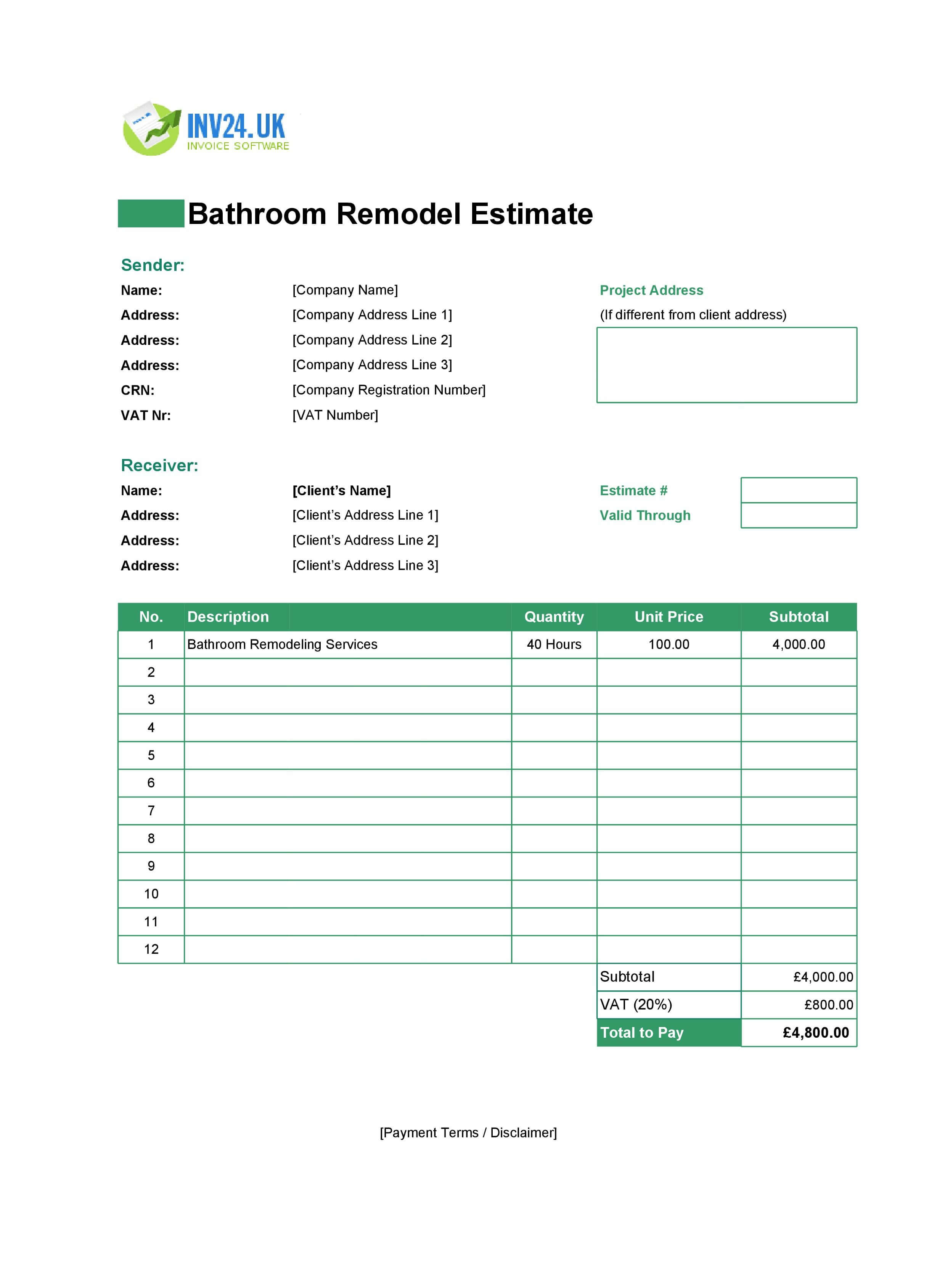Bathroom Remodel Estimate Template for UK (Excel / Google Sheets)