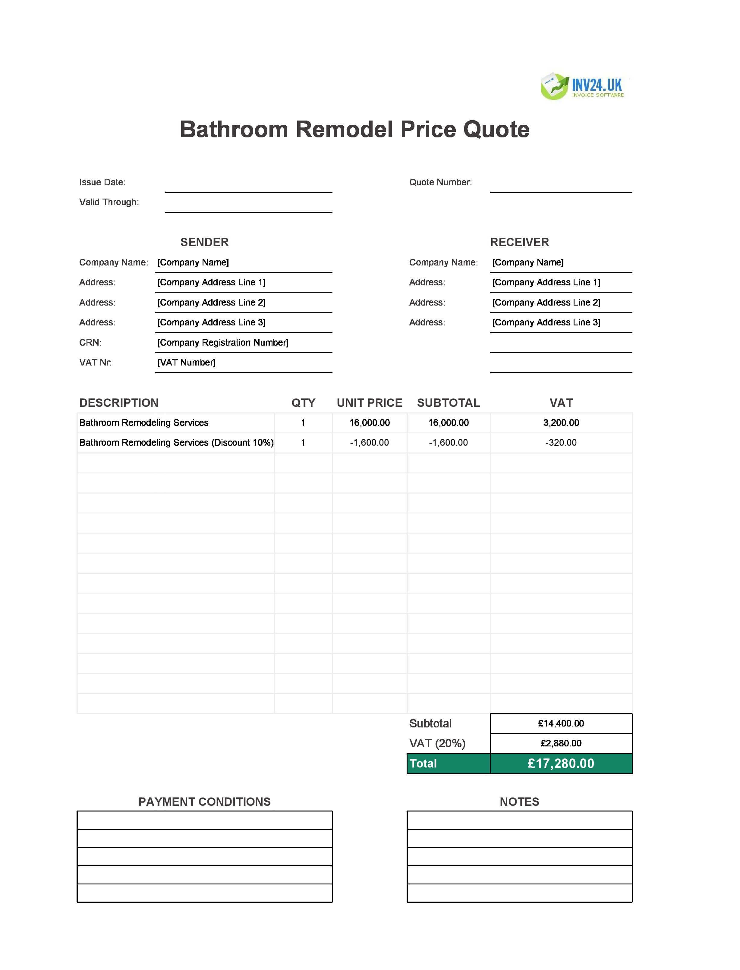 Bathroom Remodel Quote Template for UK (Excel / Google Sheets)