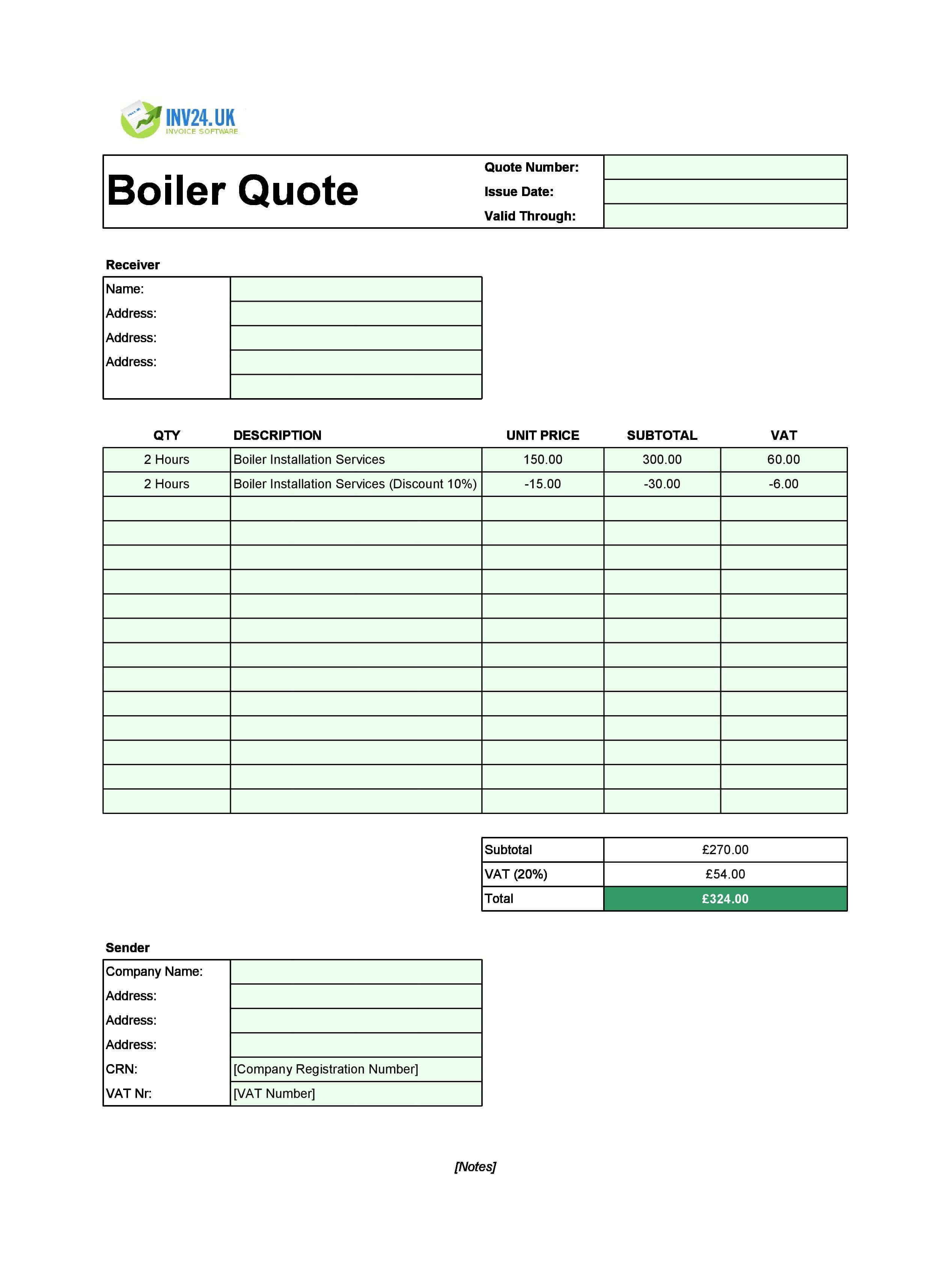 Boiler Quote Template for UK (Excel / Google Sheets)