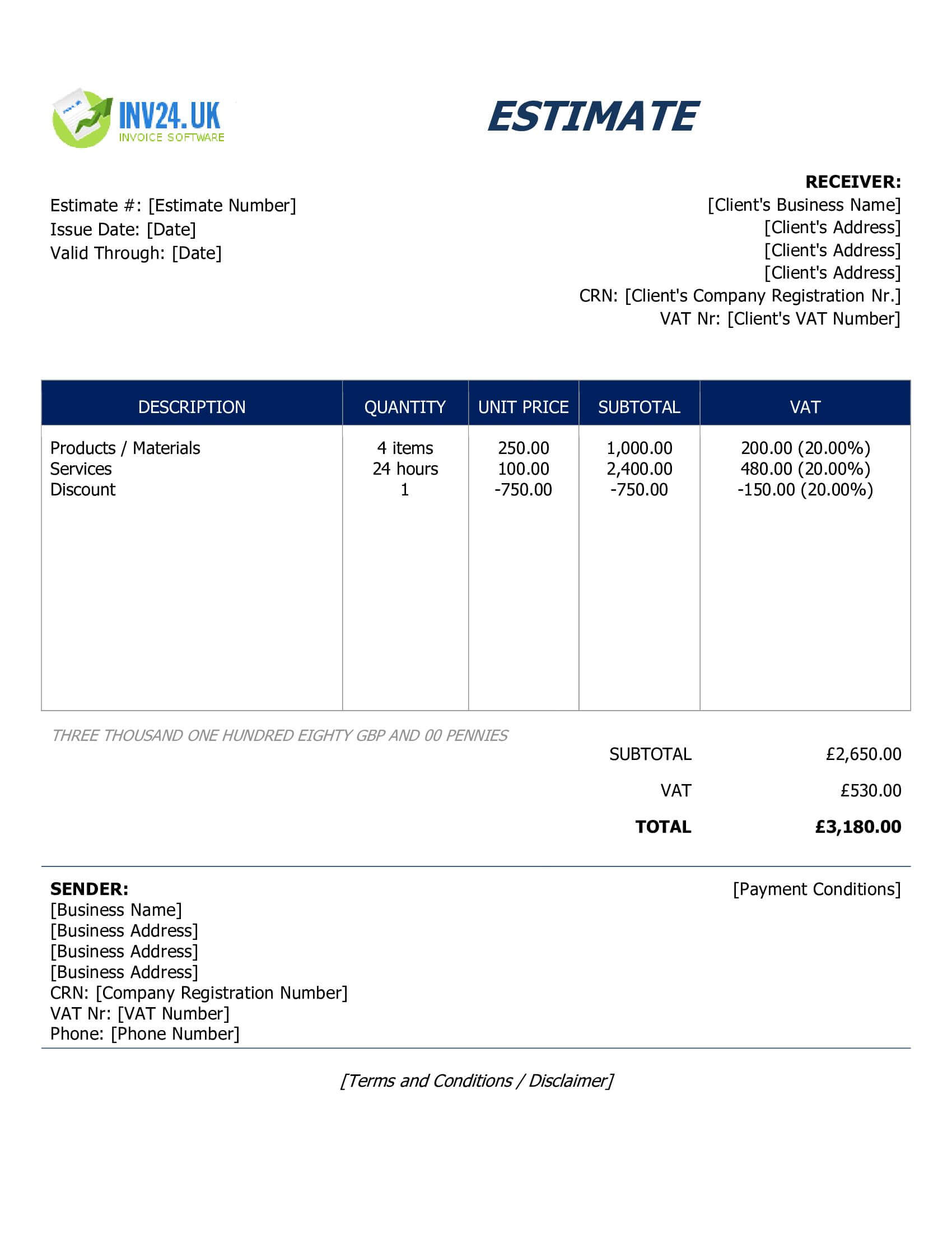 Business Estimate Template for UK (Word / Google Docs)