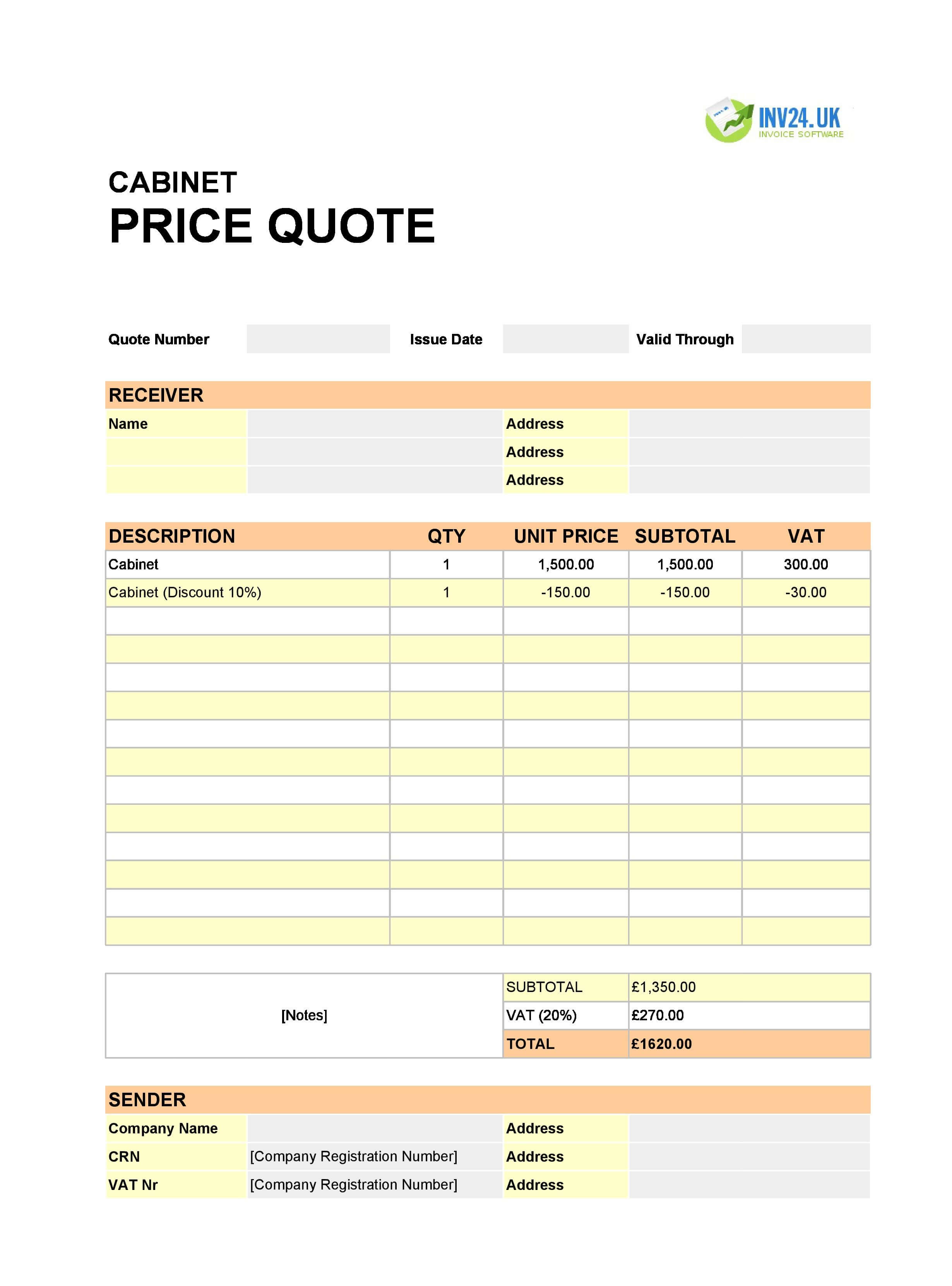 Cabinet Quote Template for UK (Excel / Google Sheets)