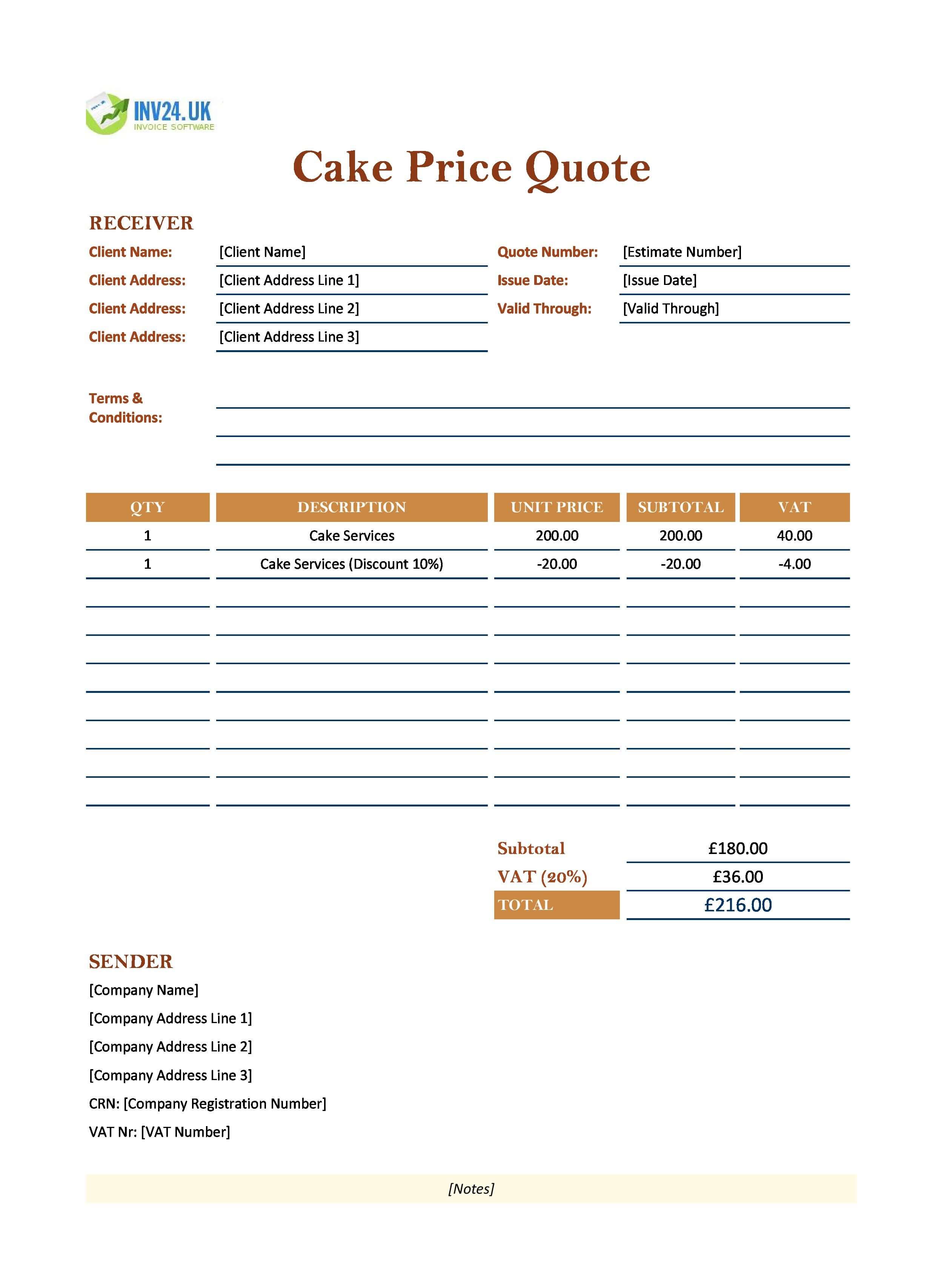 Cake Quote Template for UK (Excel / Google Sheets)
