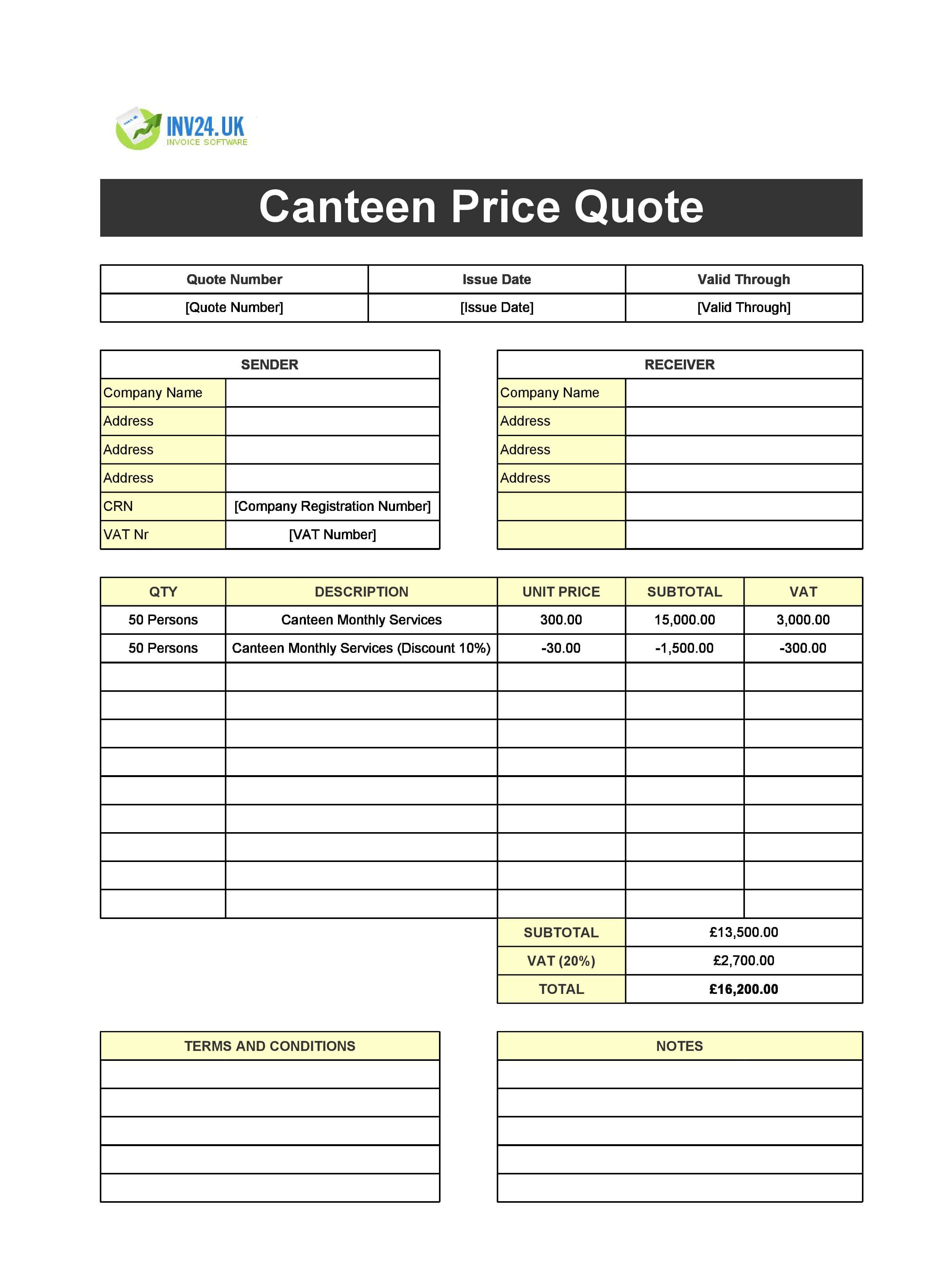 Canteen Quote Template for UK (Excel / Google Sheets)