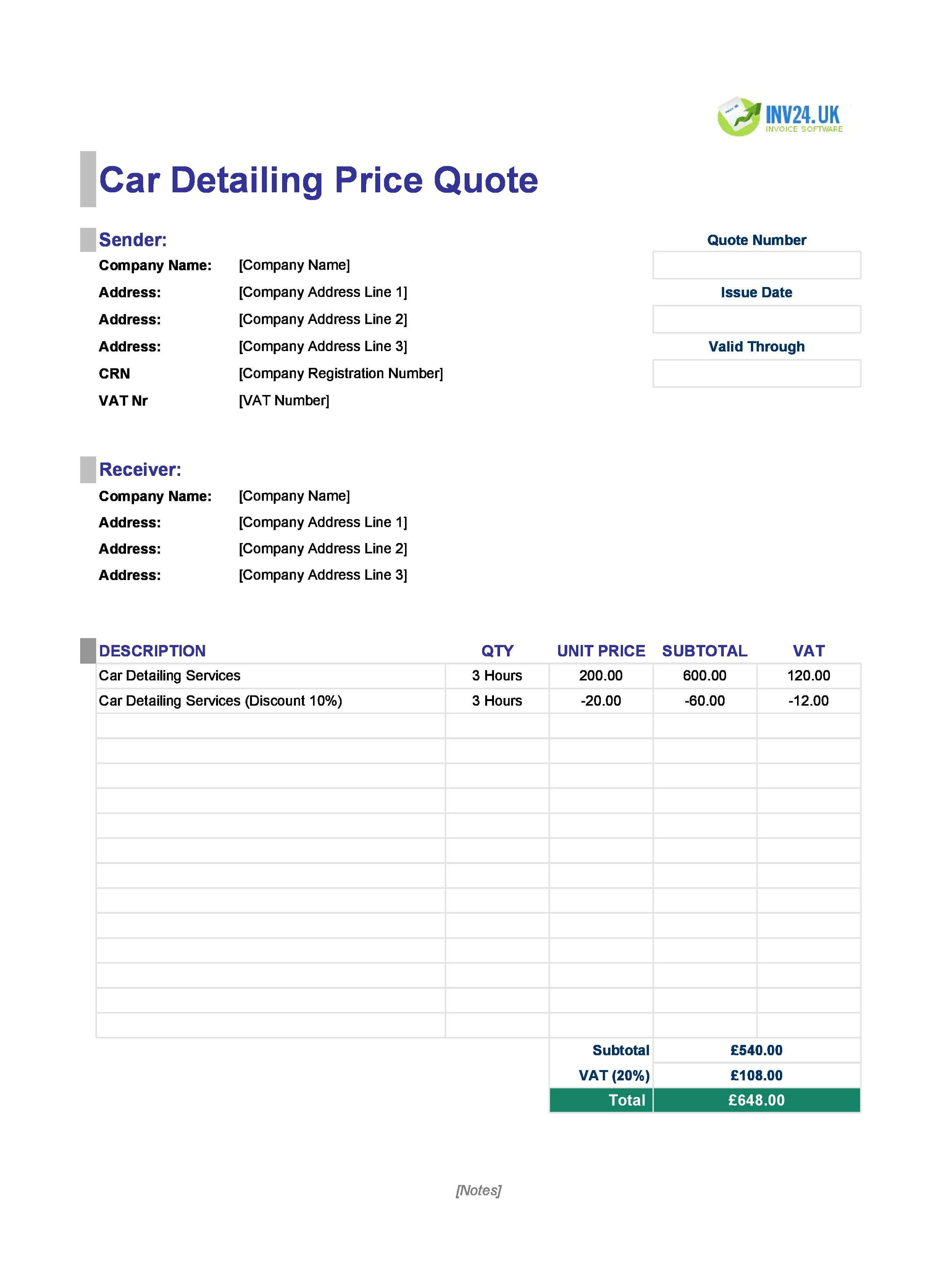 Car Detailing Quote Template for UK (Excel / Google Sheets)