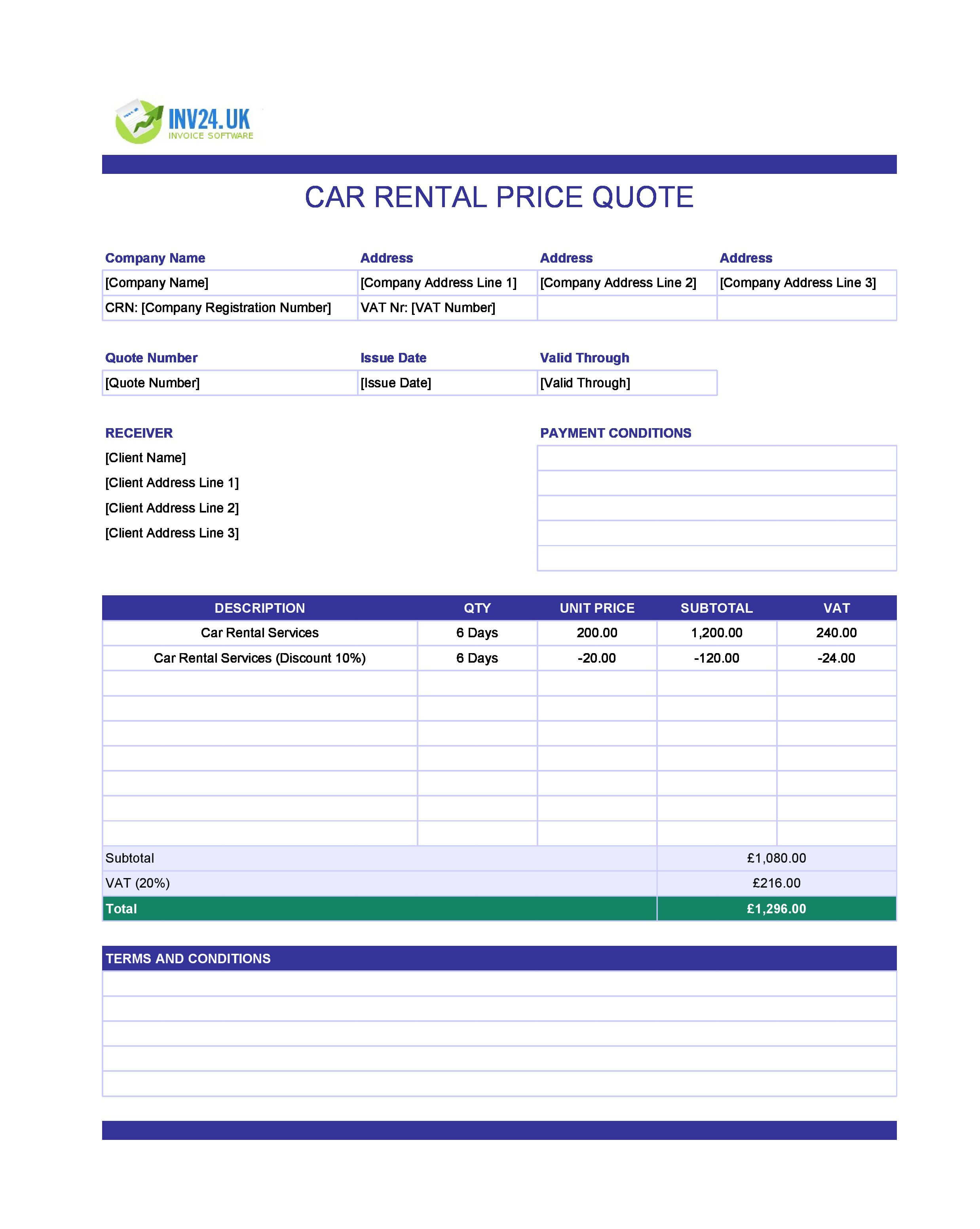 Car Rental Quote Template for UK (Excel / Google Sheets)