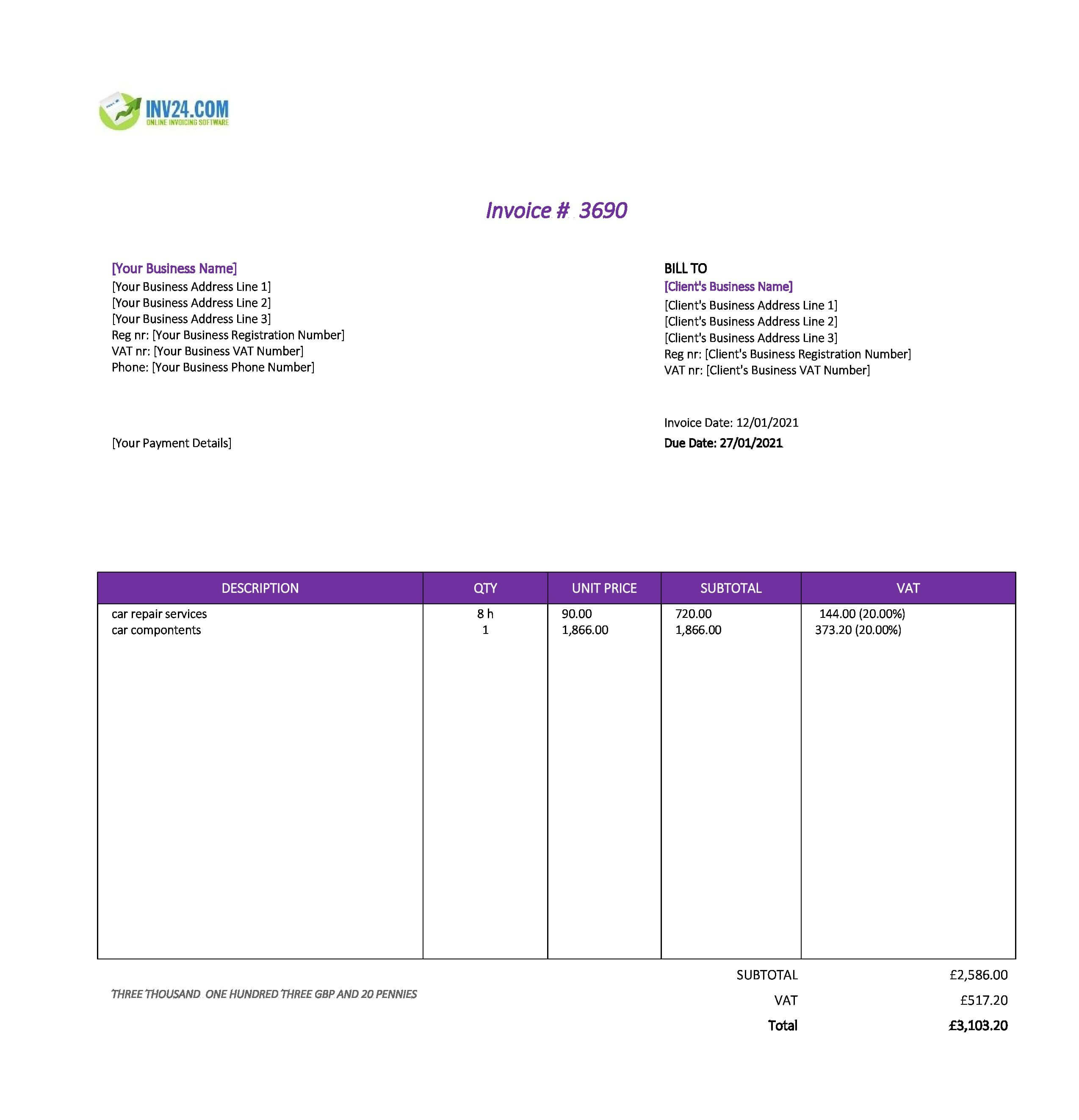 car repair invoice template uk car repair invoice template uk
