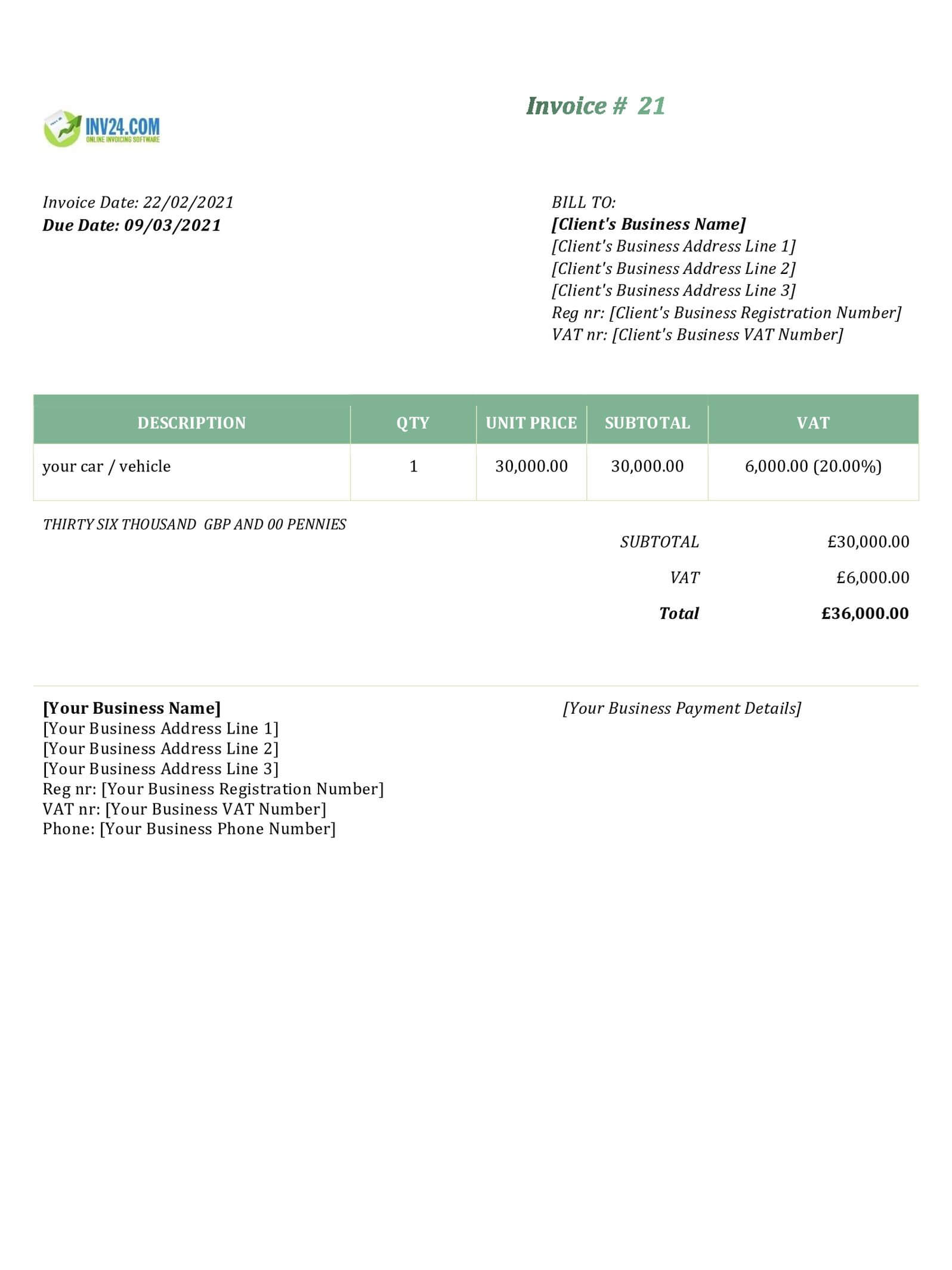 Car Sales Invoice Template Uk