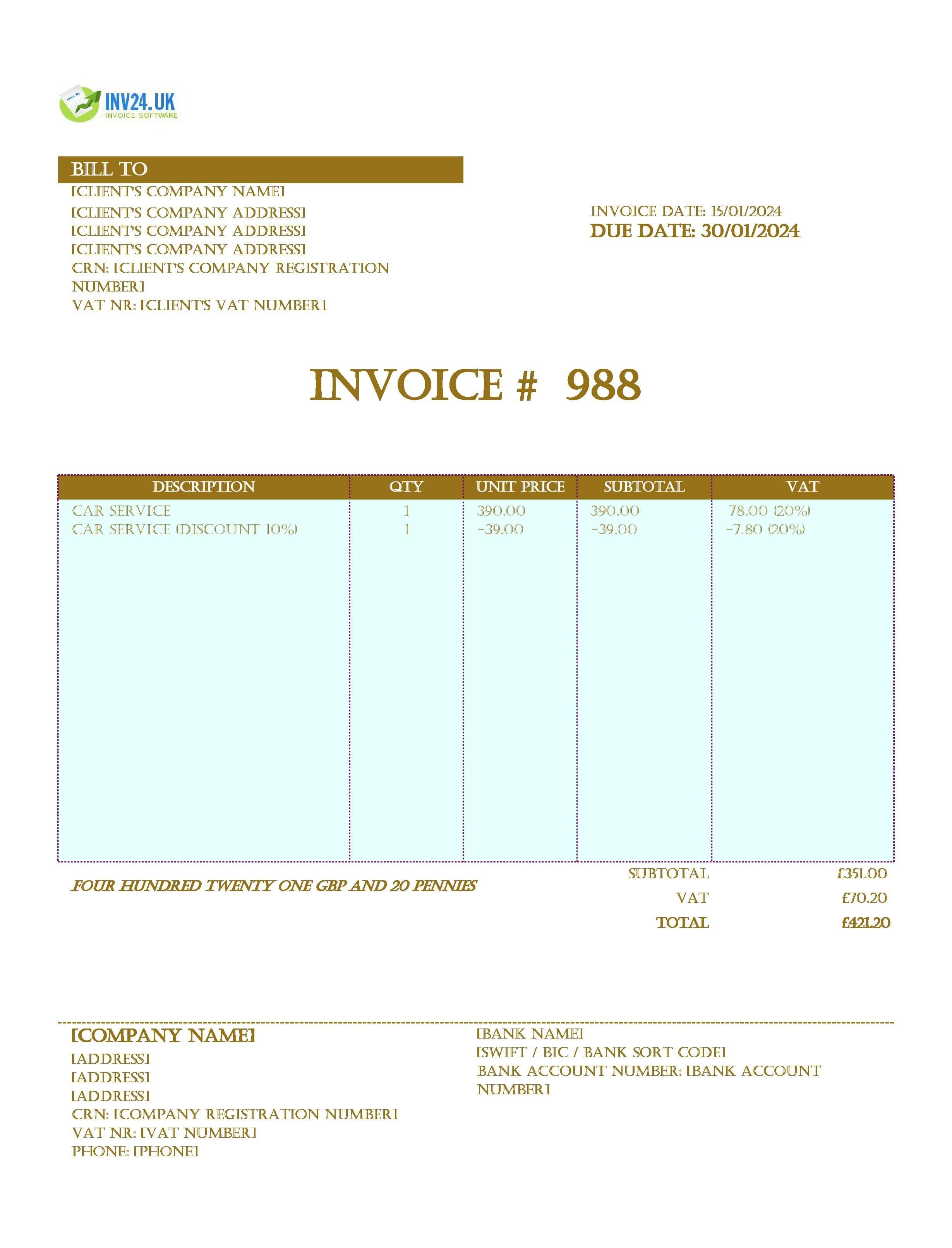 Car Service Invoice Template UK (Excel / Google Sheets)