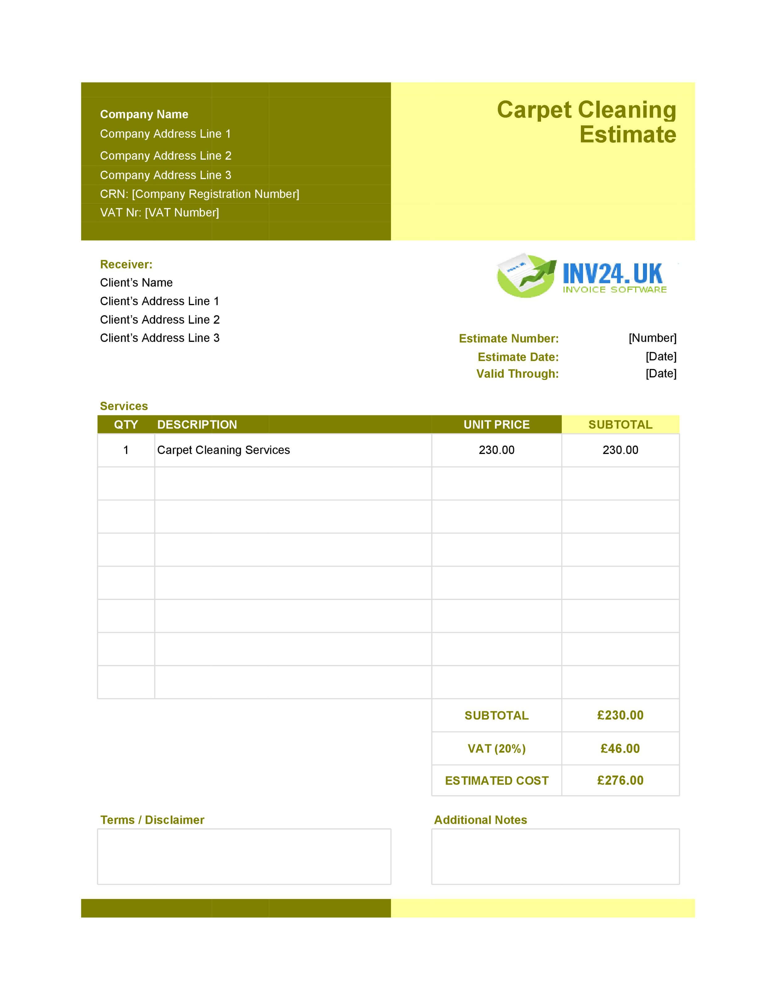 Carpet Cleaning Estimate Template for UK (Excel / Google Sheets)