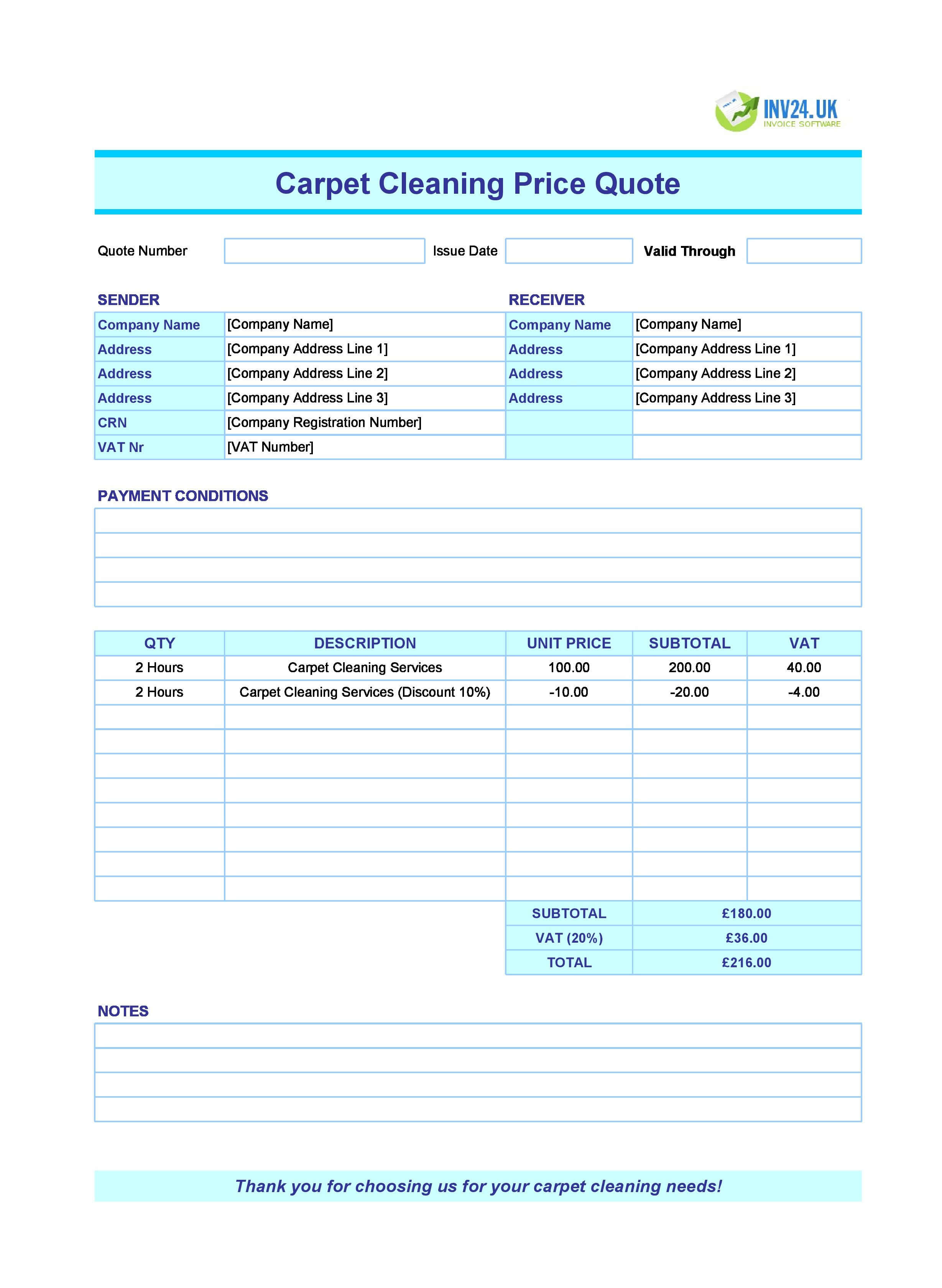 Carpet Cleaning Quote Template for UK (Excel / Google Sheets)