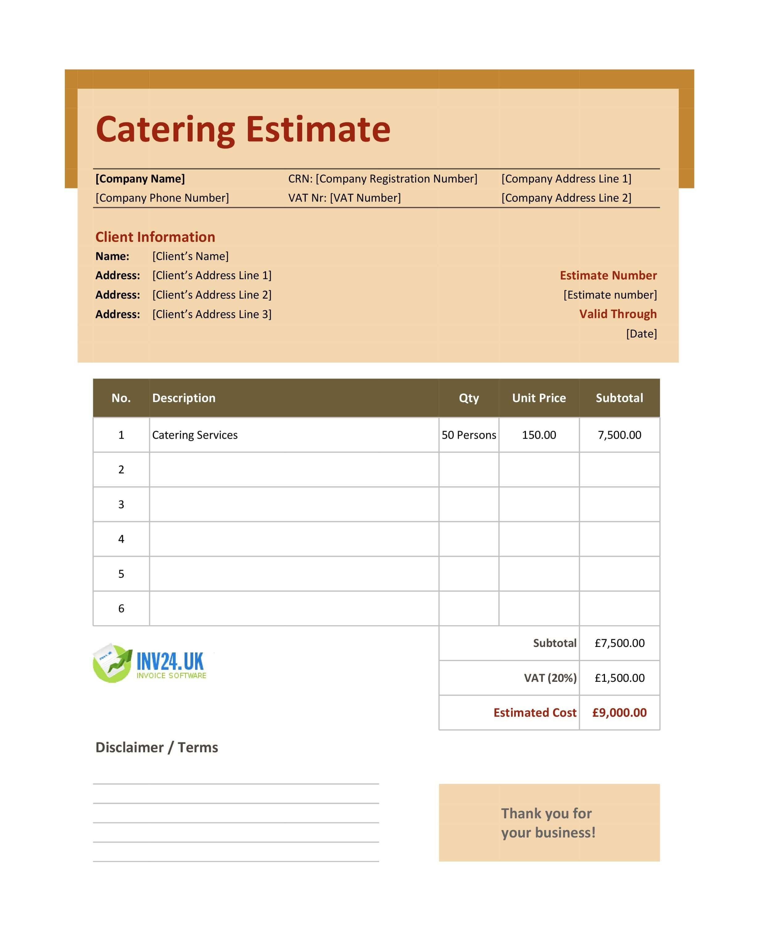 Catering Estimate Template for UK (Excel / Google Sheets)
