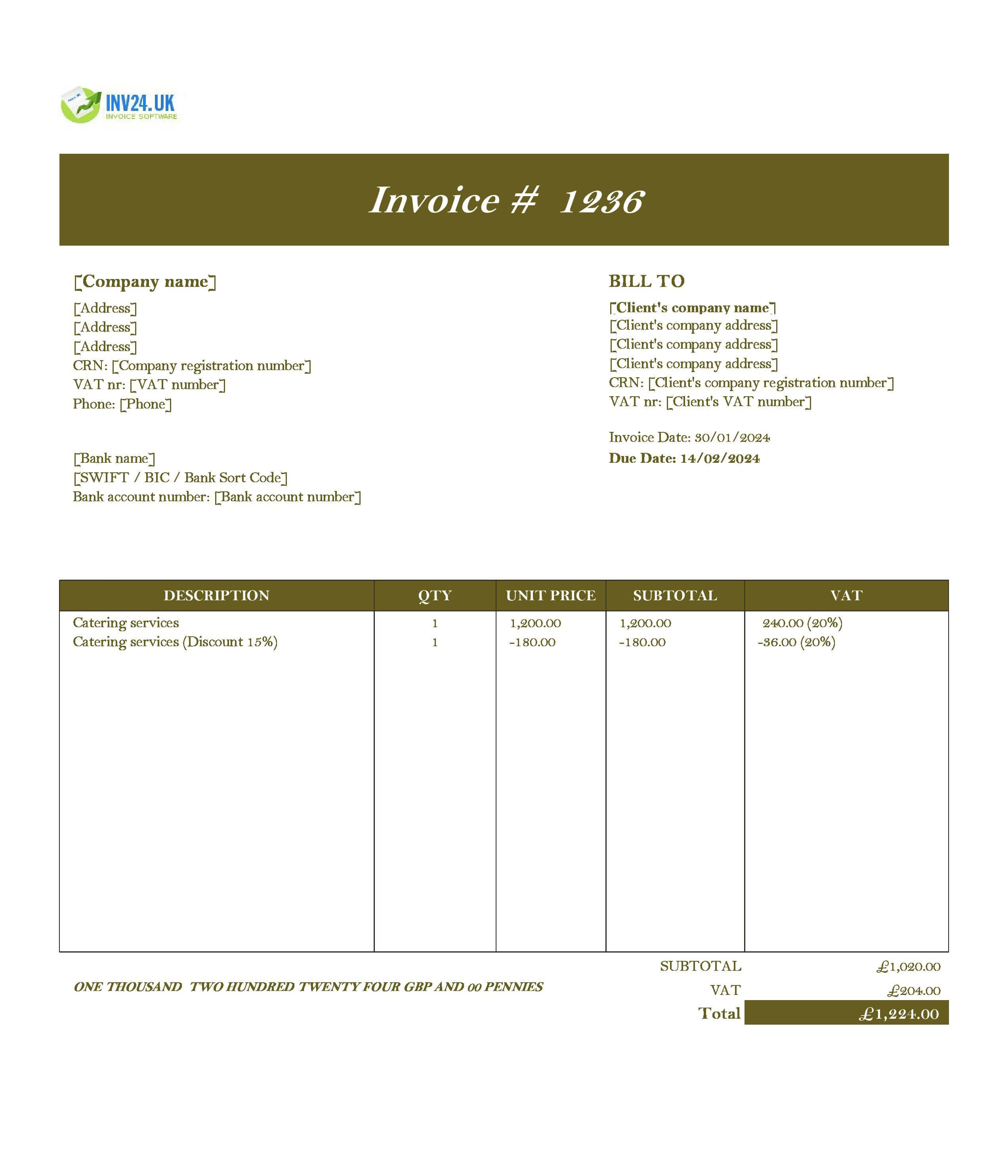 Catering Invoice Template UK (Excel / Google Sheets)