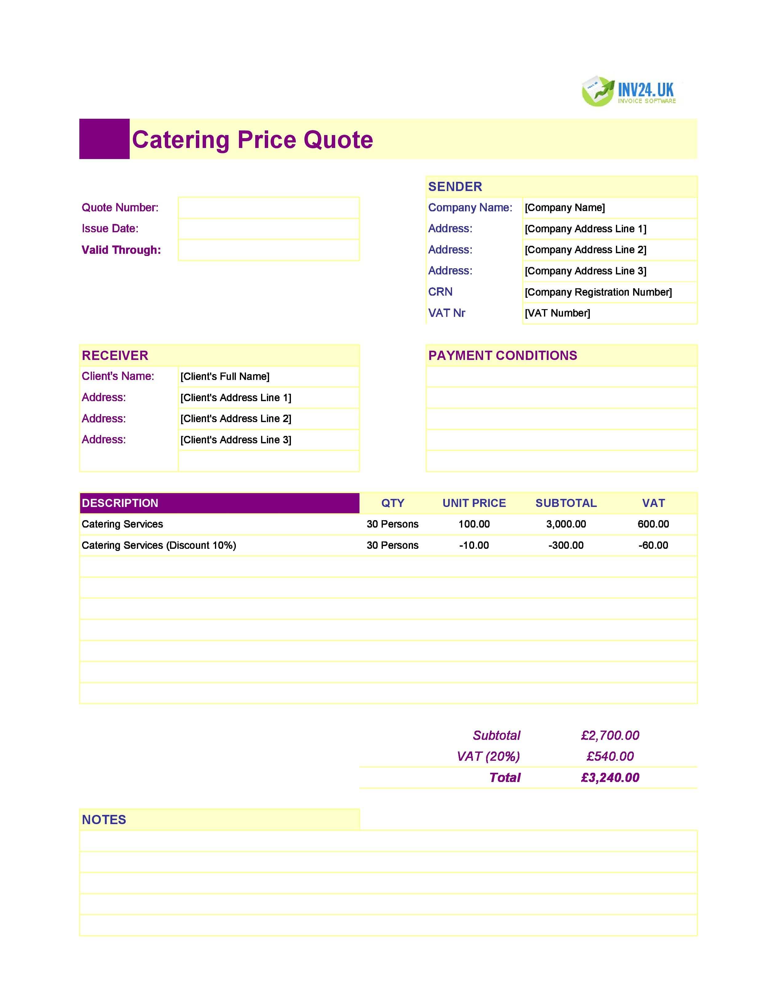 Catering Quote Template for UK (Excel / Google Sheets)