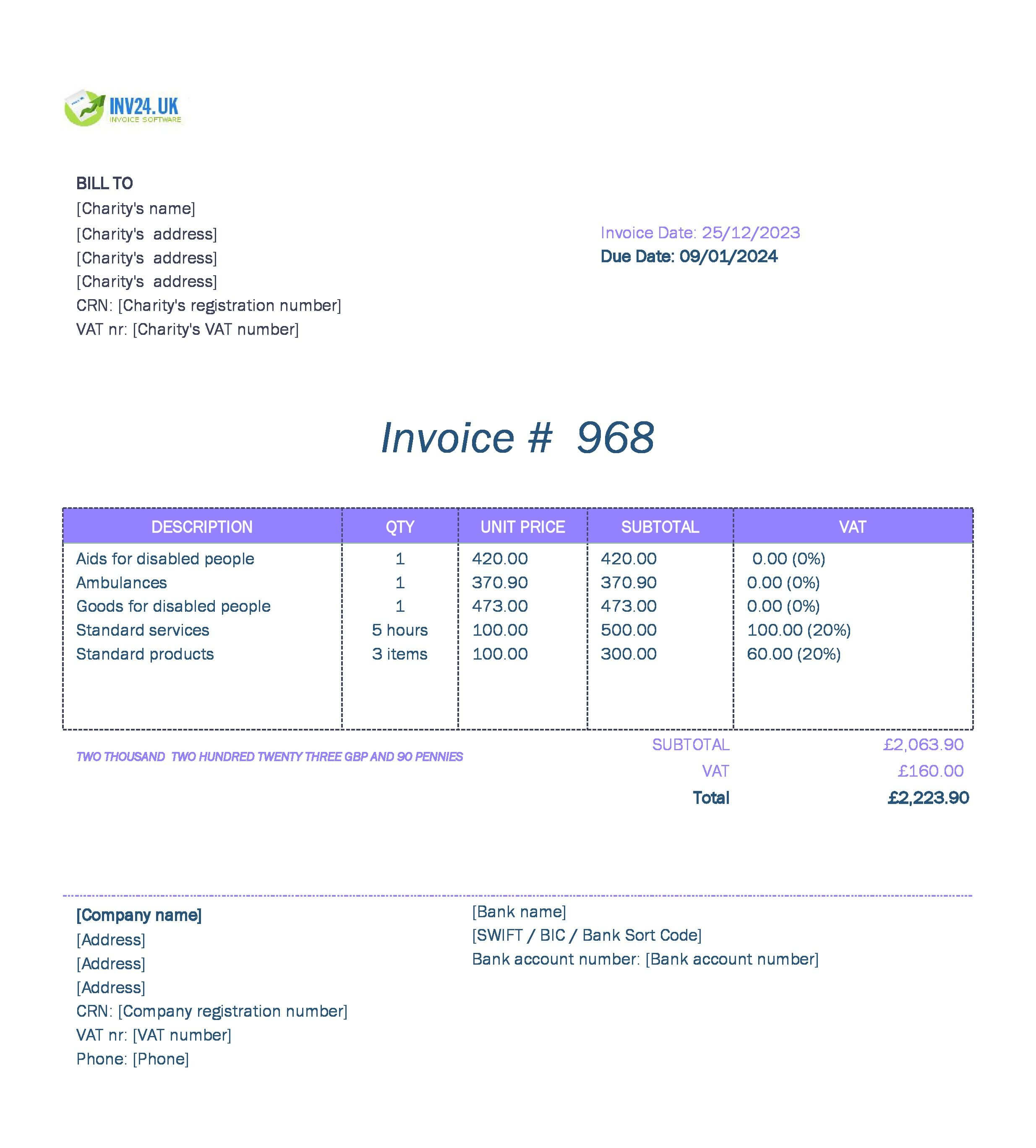 Charity Invoice Template UK (Excel / Google Sheets)