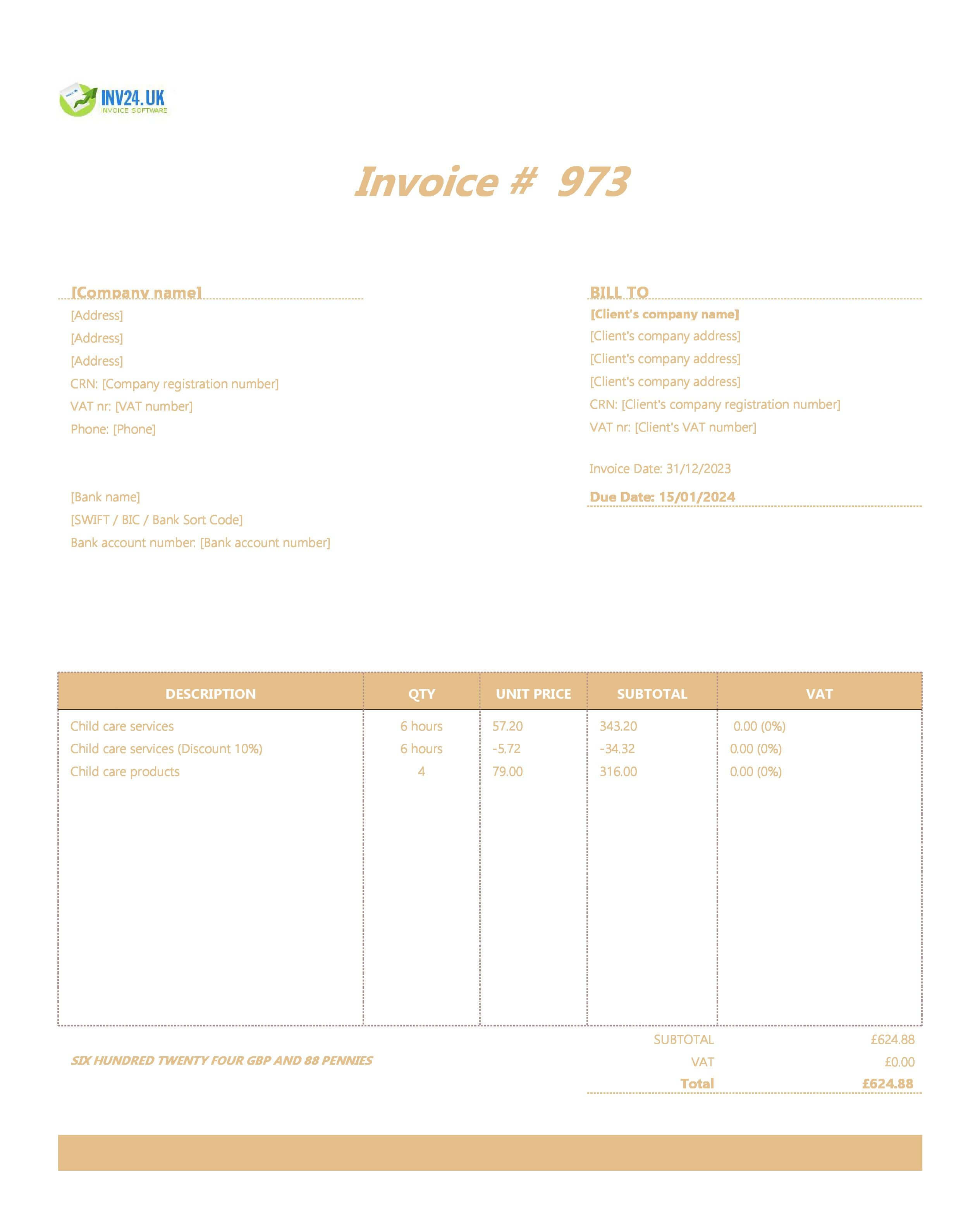 Child Care Invoice Template UK (Excel / Google Sheets)