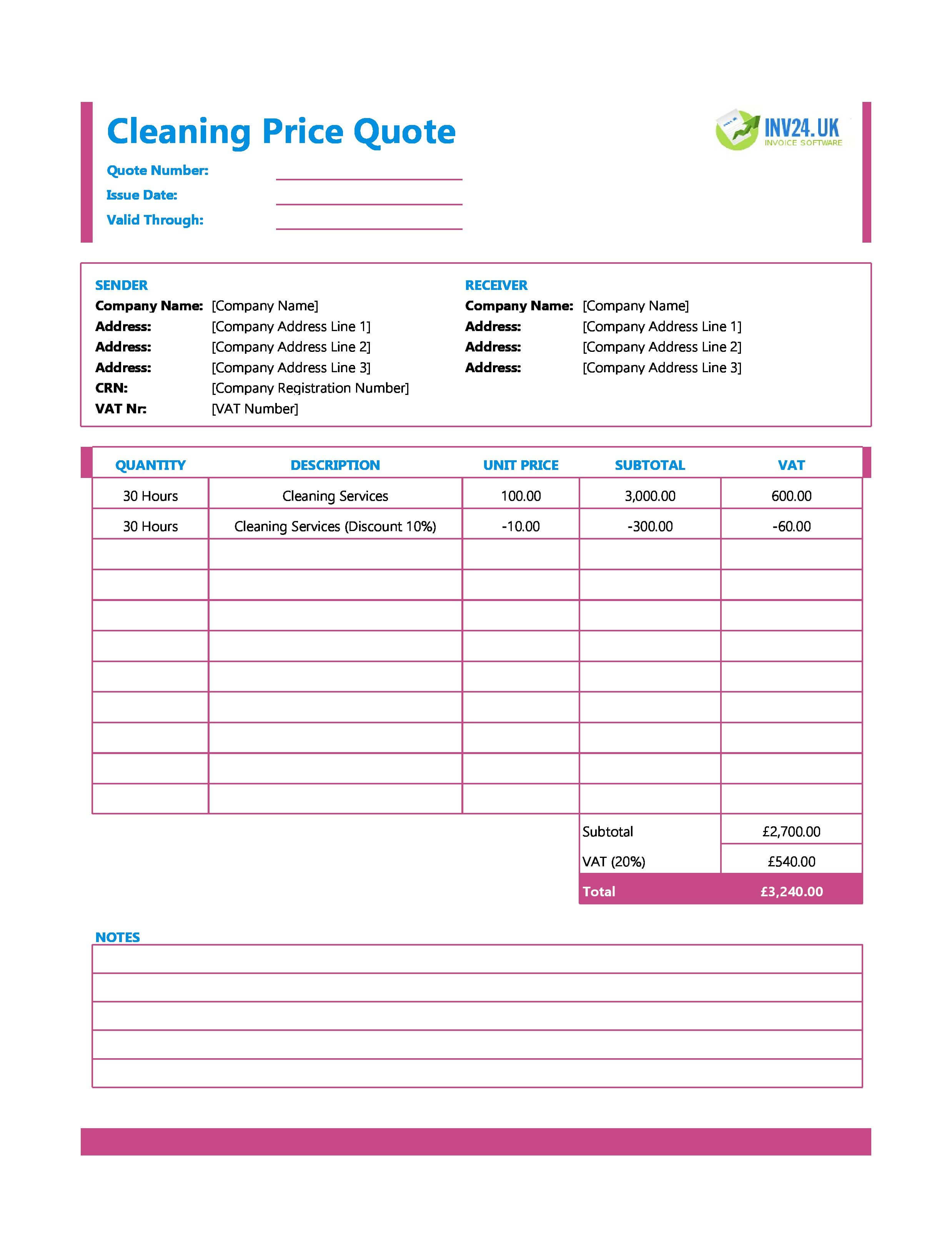Cleaning Quote Template for UK (Excel / Google Sheets)