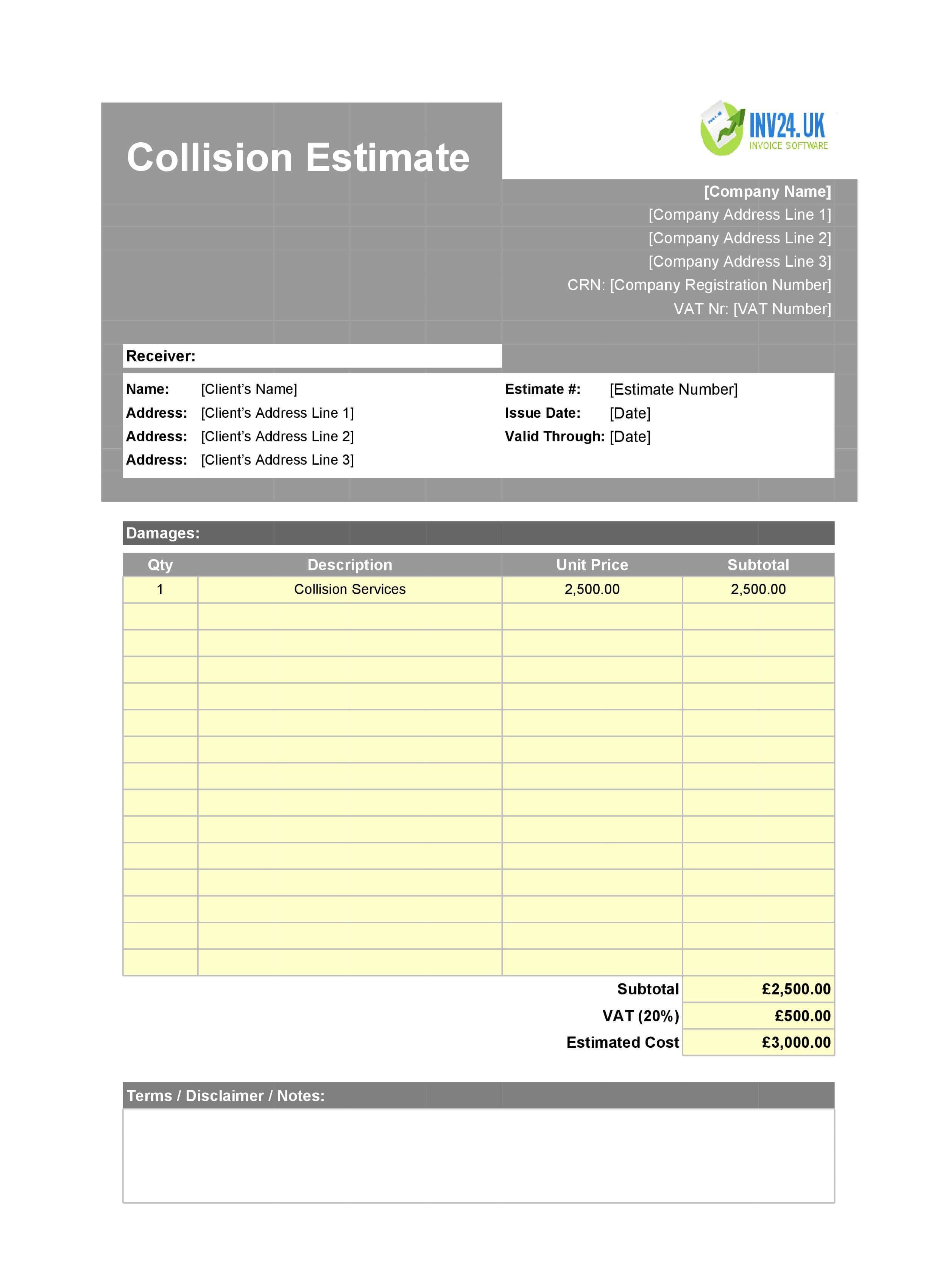 Collision Estimate Template for UK (Excel / Google Sheets)