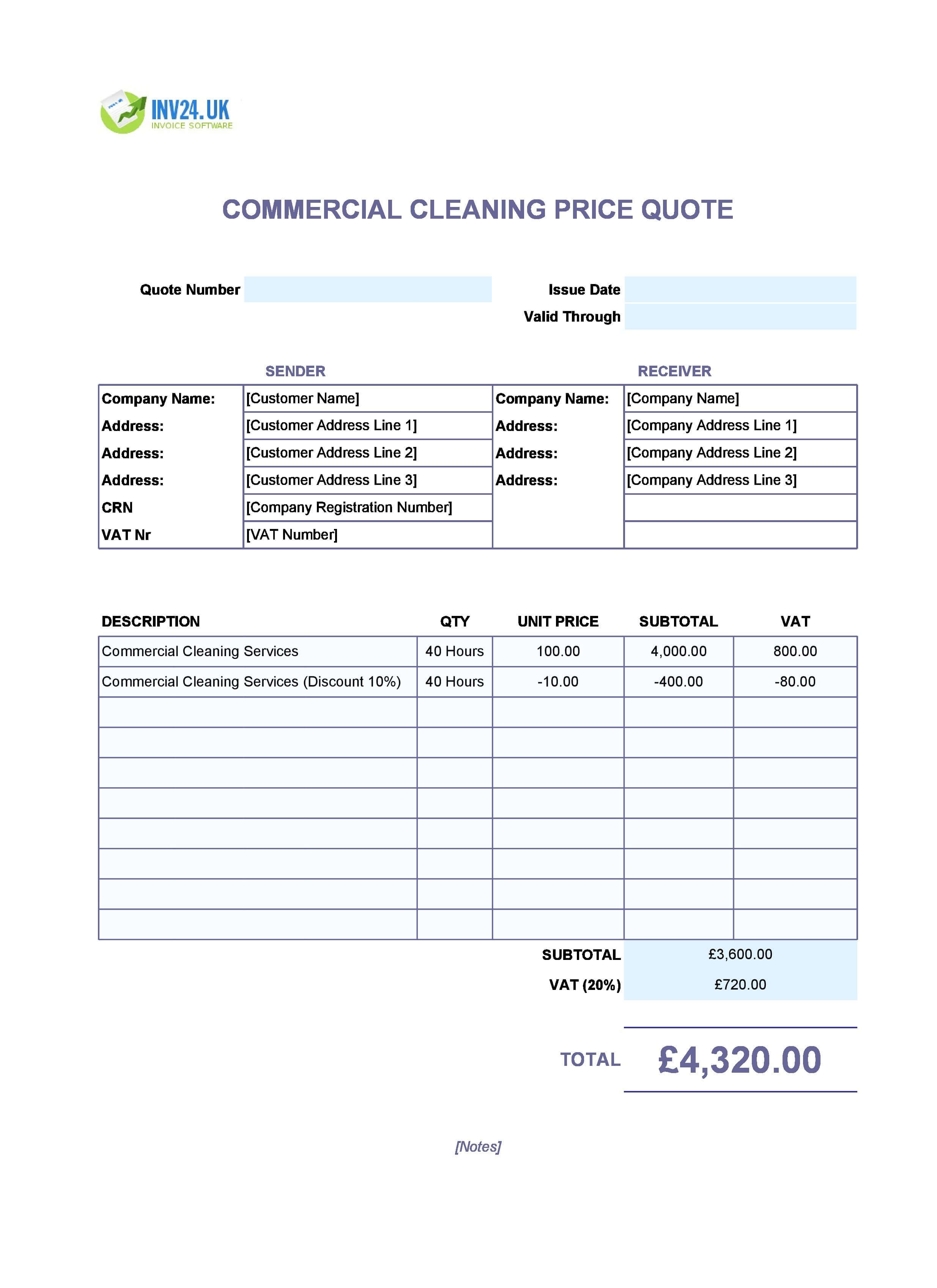Commercial Cleaning Quote Template for UK (Excel / Google Sheets)