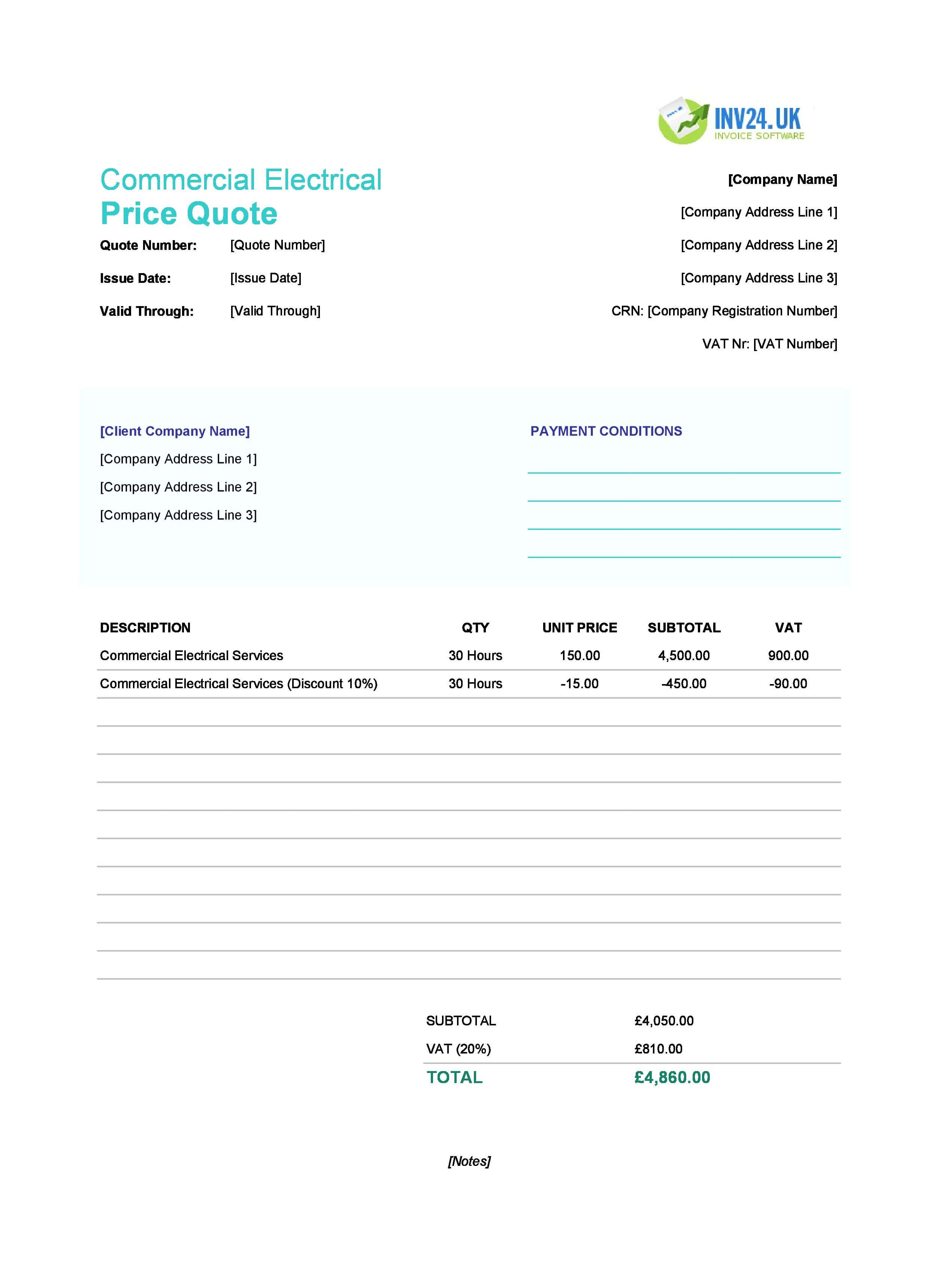 Commercial Electrical Quote Template for UK (Excel / Google Sheets)