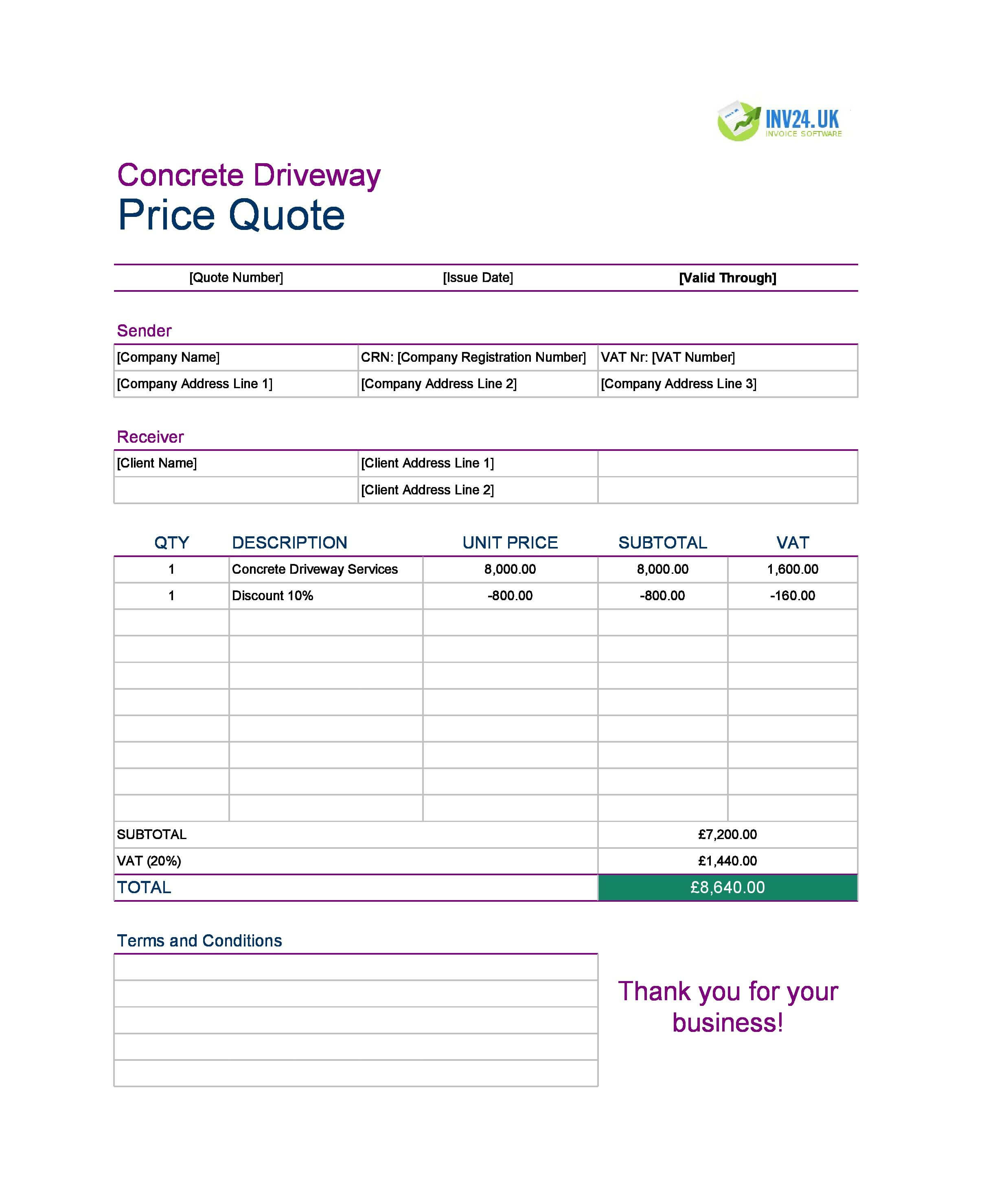 Concrete Driveway Quote Template for UK (Excel / Google Sheets)