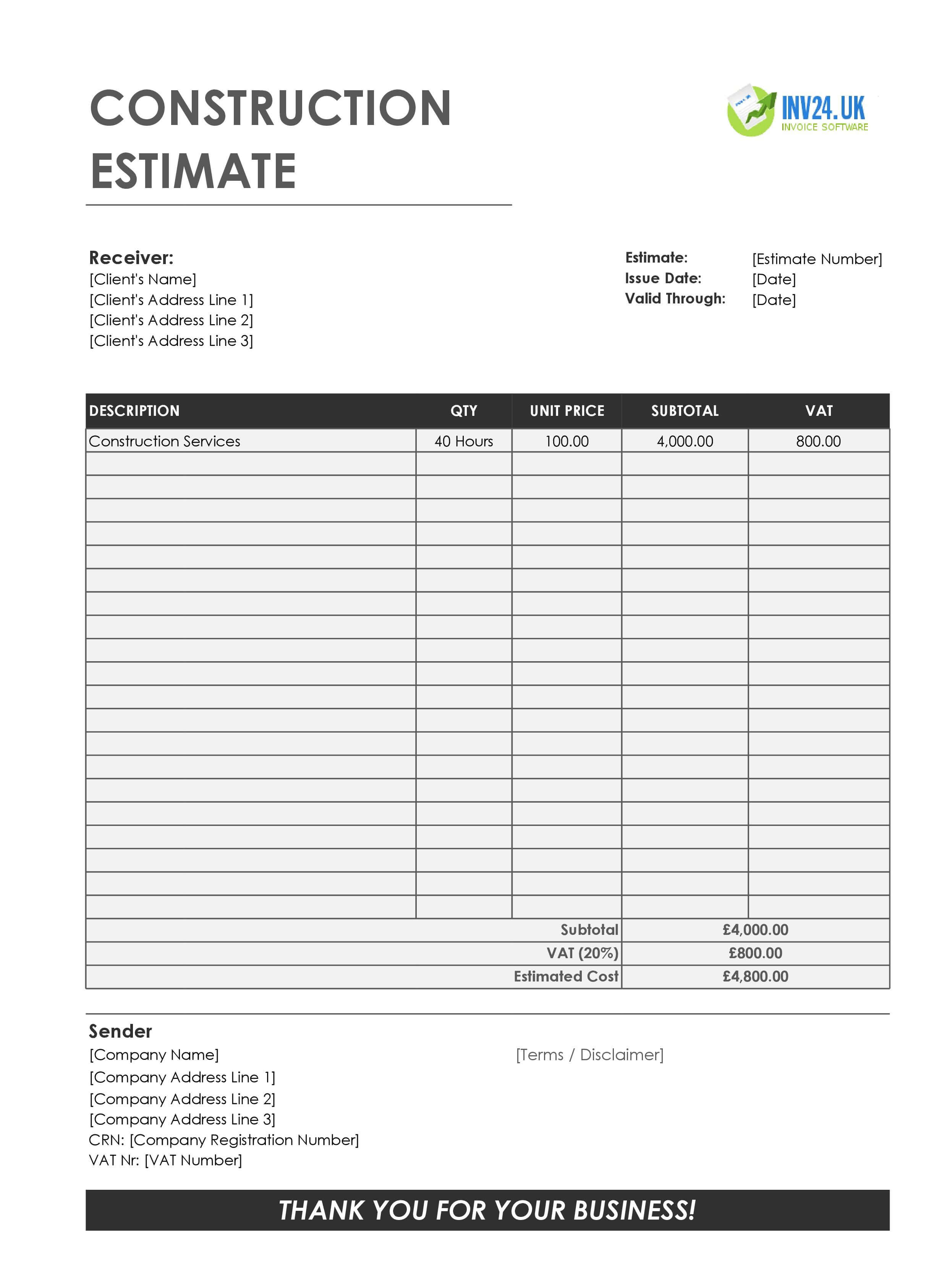 Construction Estimate Template for UK (Excel / Google Sheets)