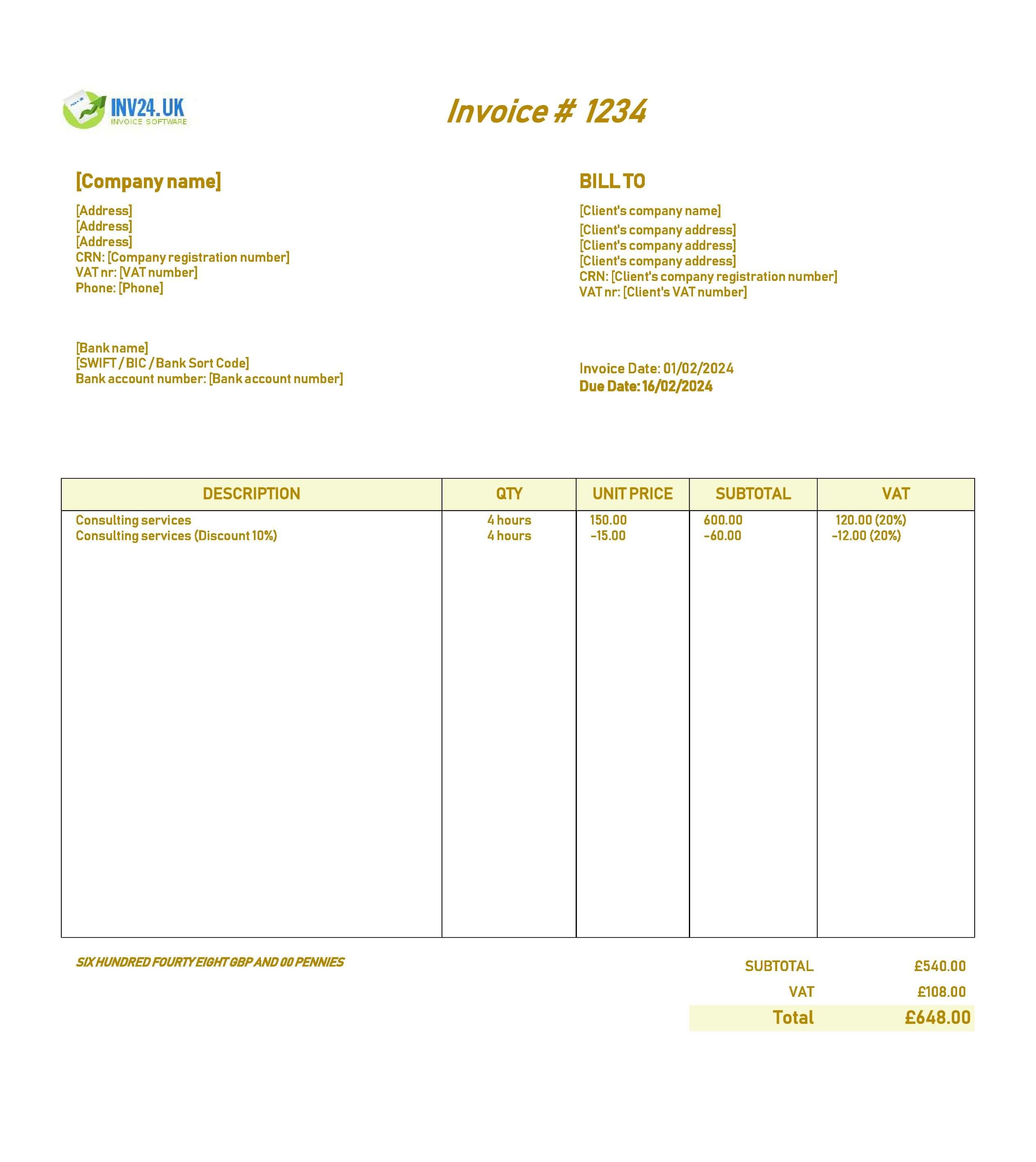 consulting invoice template UK