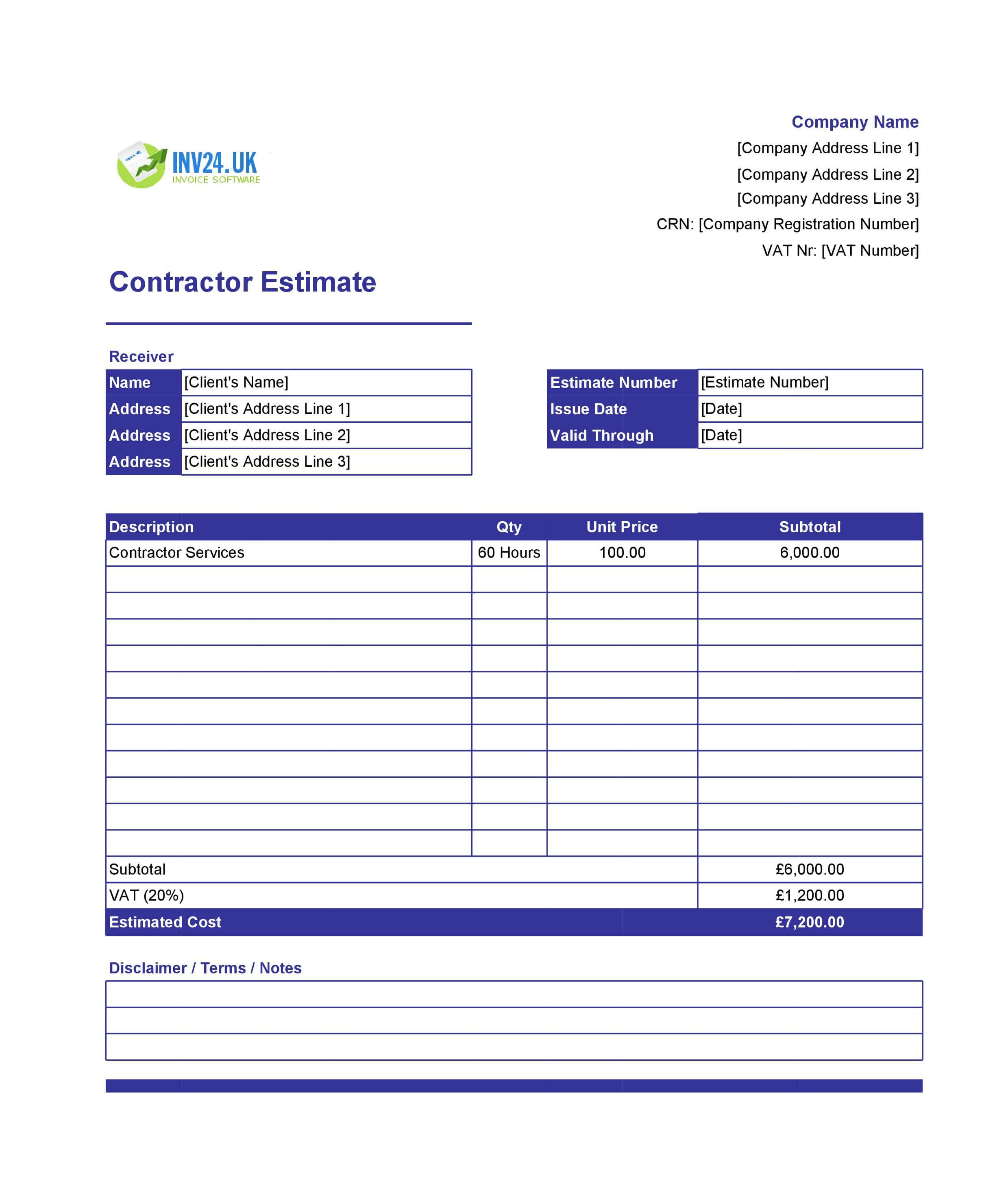 Contractor Estimate Template for UK (Excel / Google Sheets)