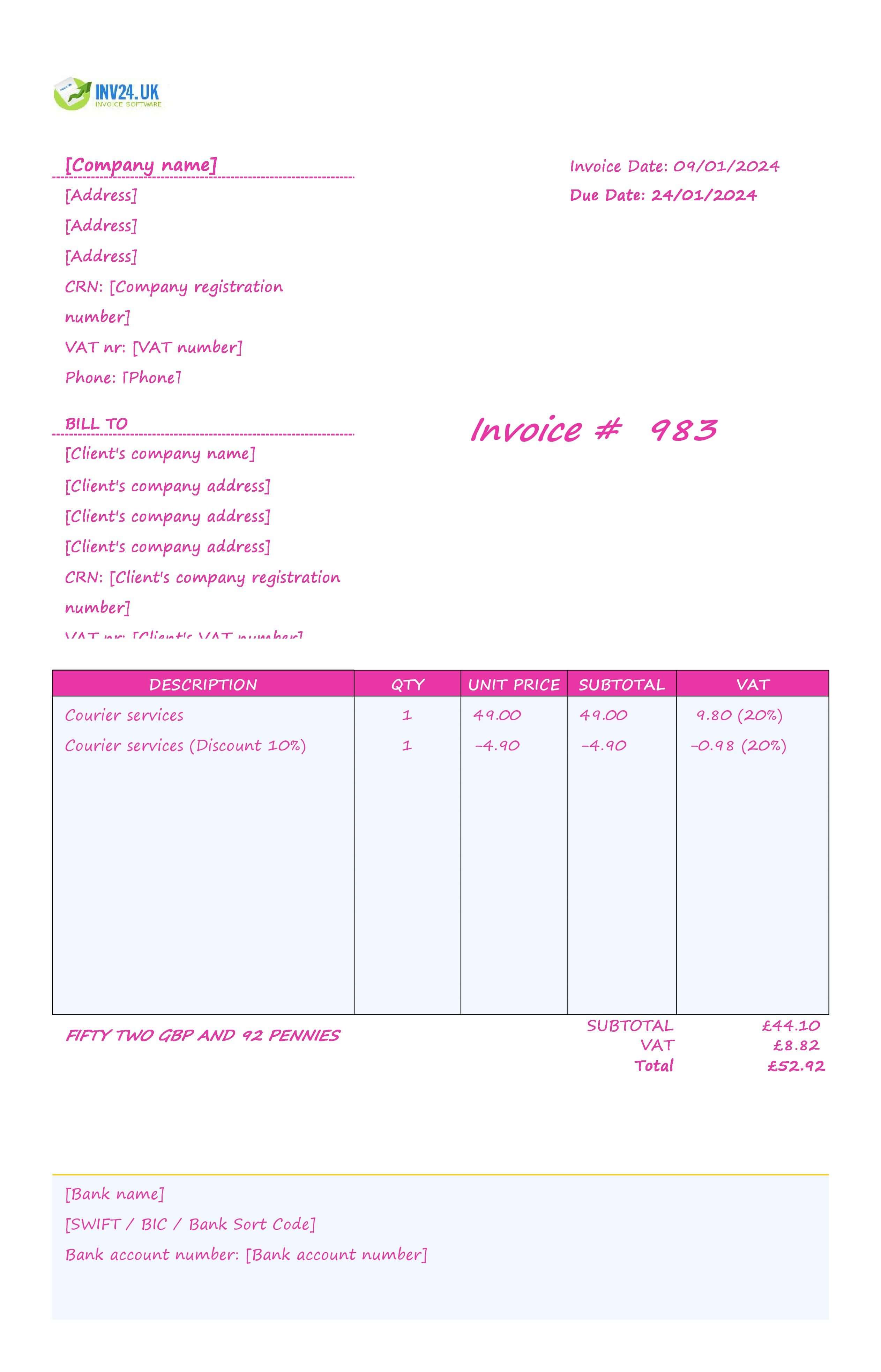 Courier Invoice Template UK (Excel / Google Sheets)