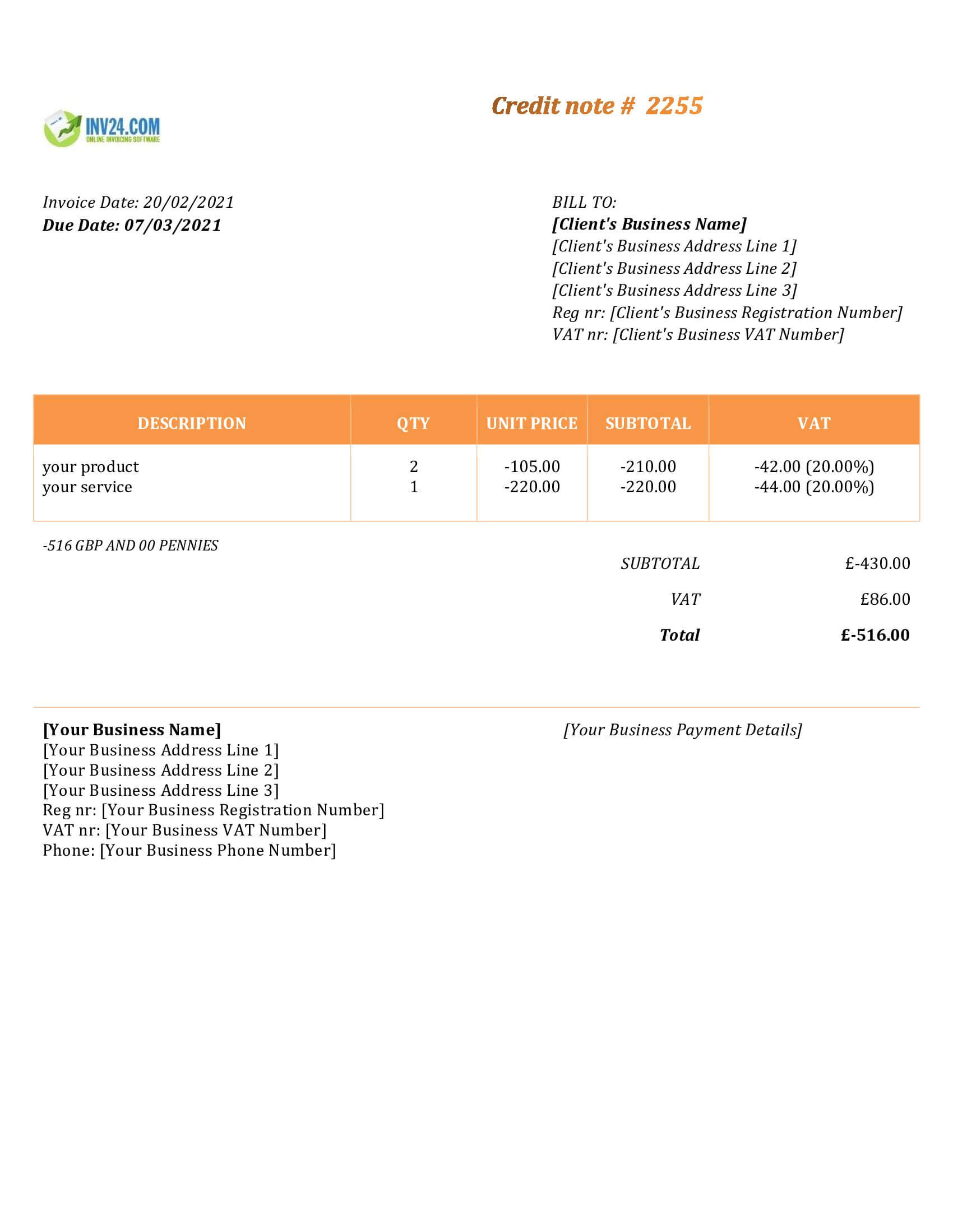 credit note template uk