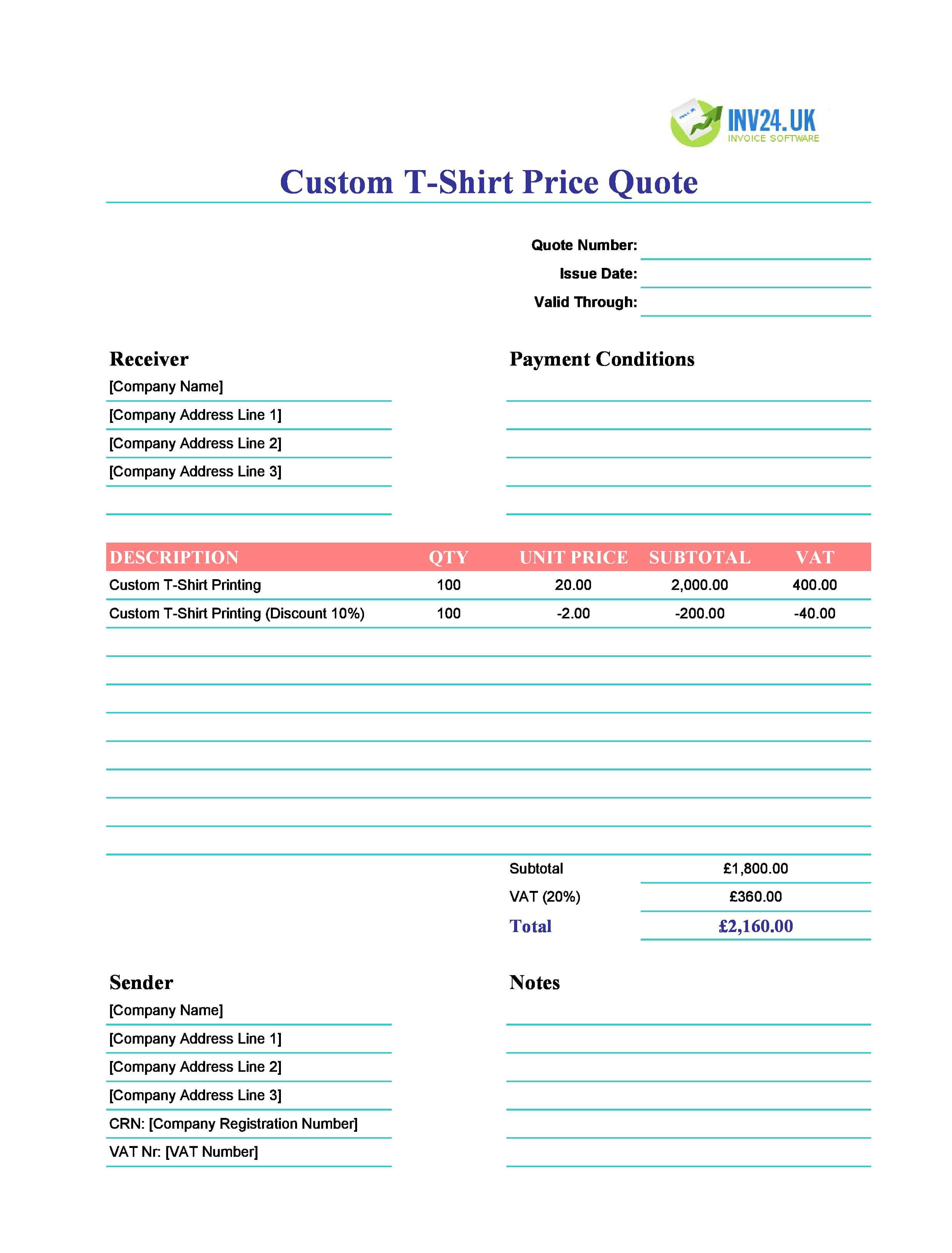 Custom T-Shirt Quote Template for UK (Excel / Google Sheets)