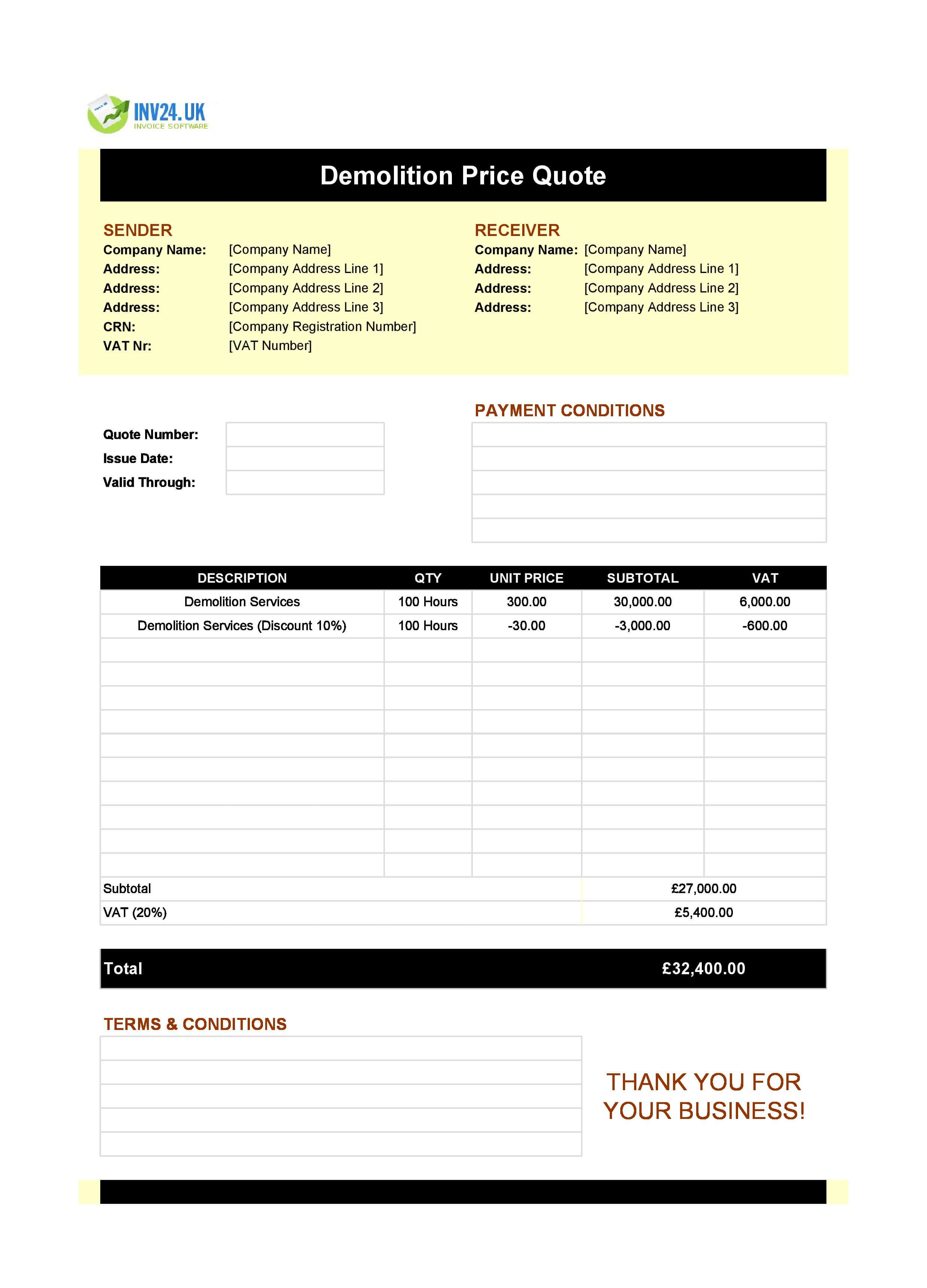 Demolition Quote Template for UK (Excel / Google Sheets)