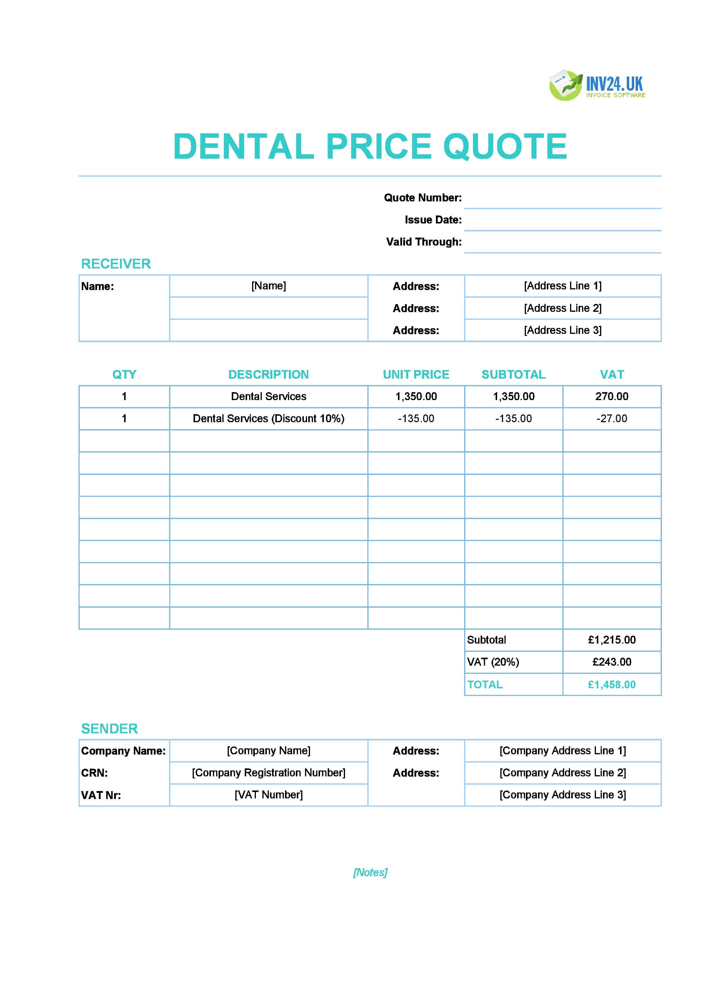 Dental Quote Template for UK (Excel / Google Sheets)