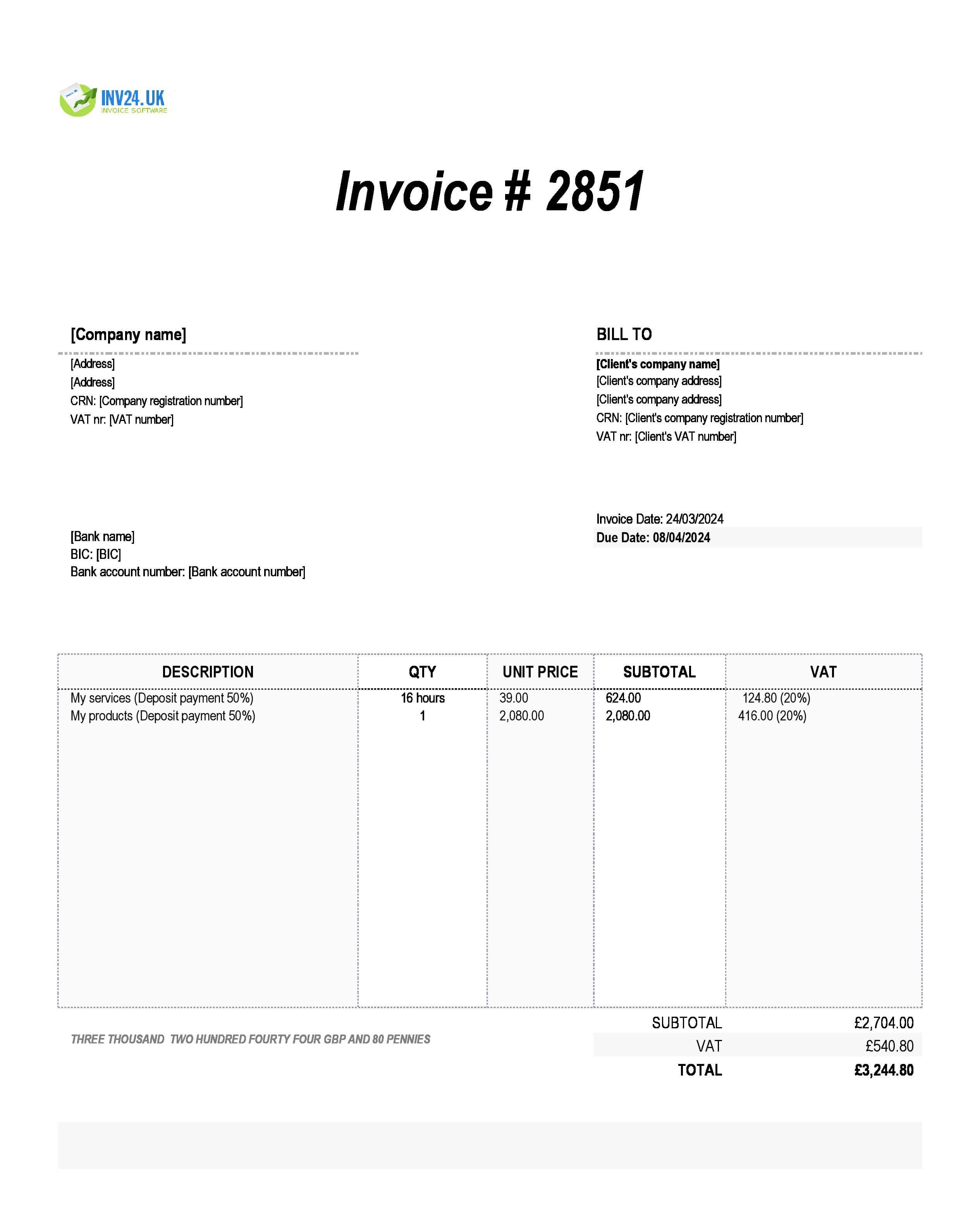 deposit invoice sample