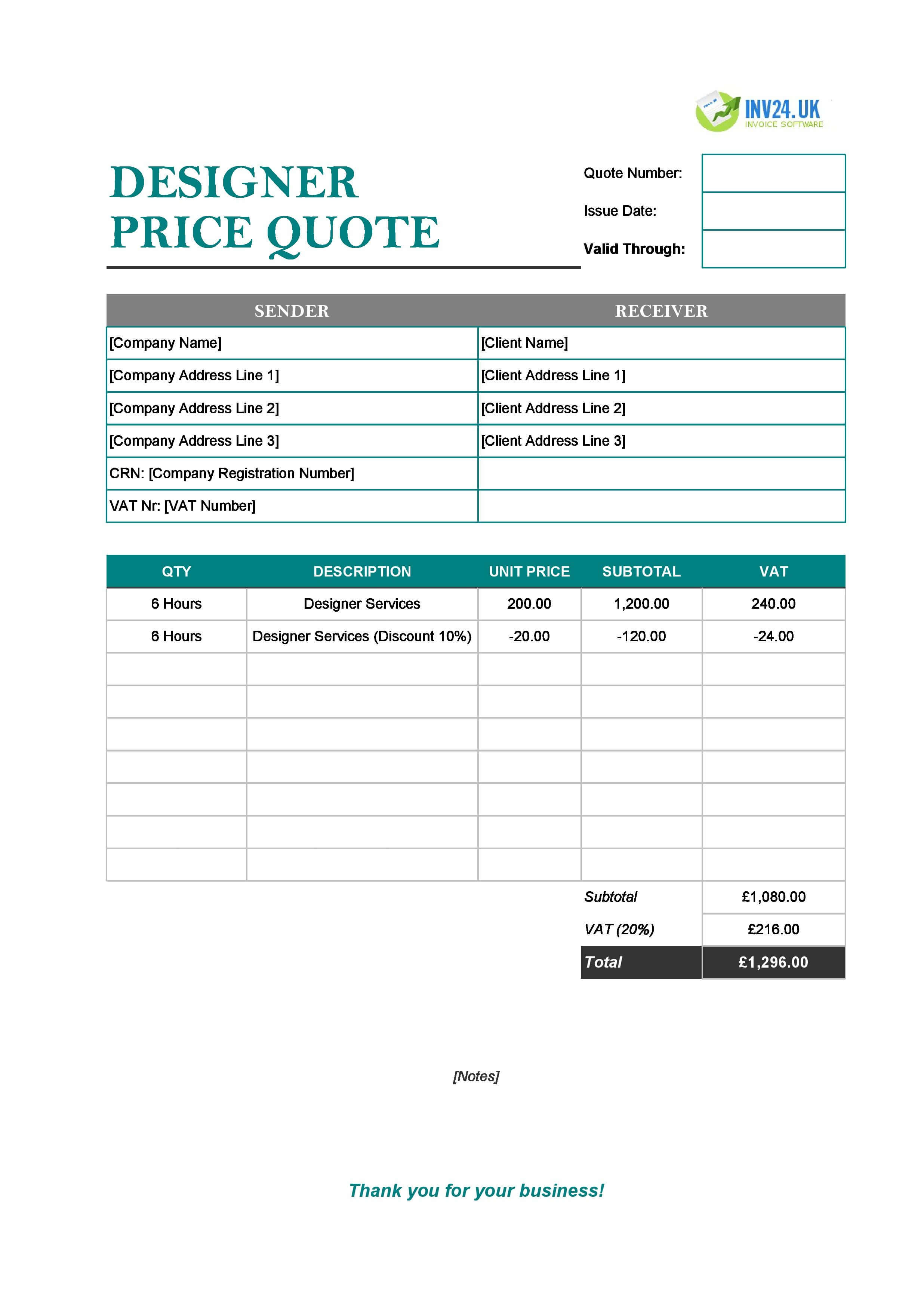 Designer Quote Template for UK (Excel / Google Sheets)