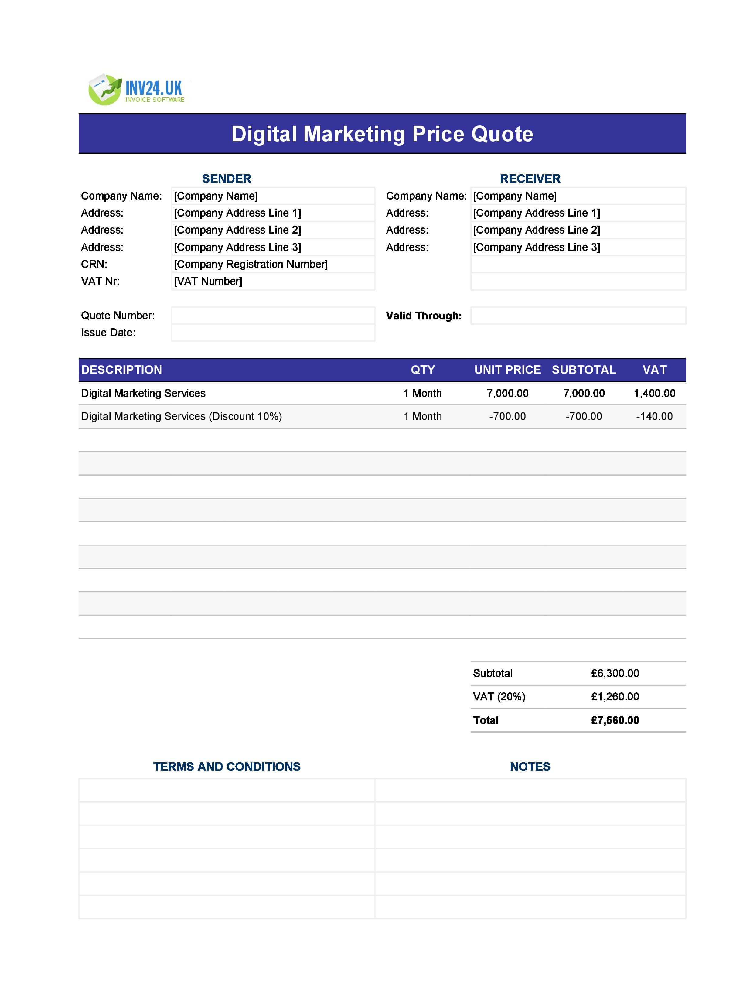 Digital Marketing Quote Template for UK (Excel / Google Sheets)