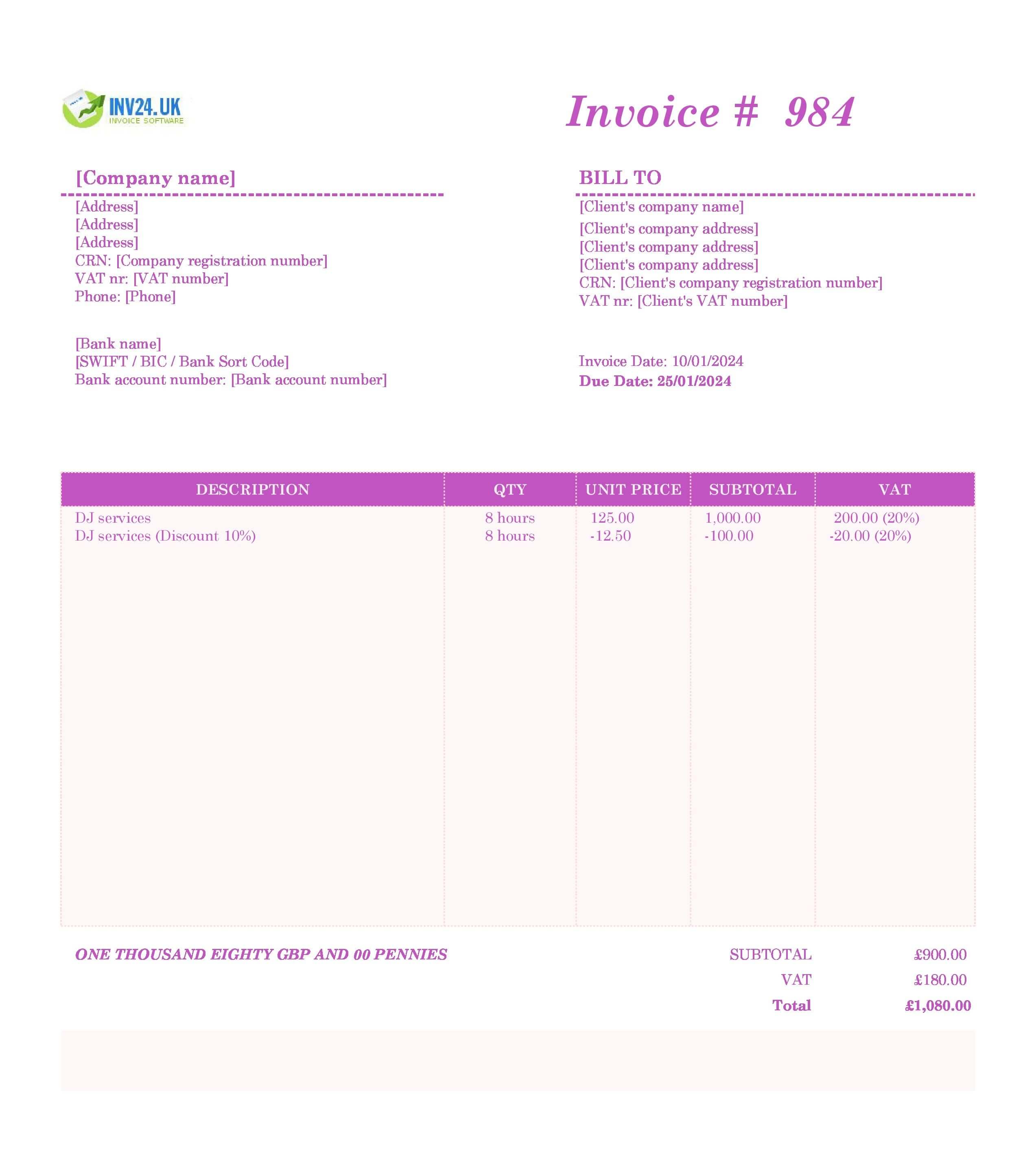 DJ Invoice Template UK (Excel / Google Sheets)