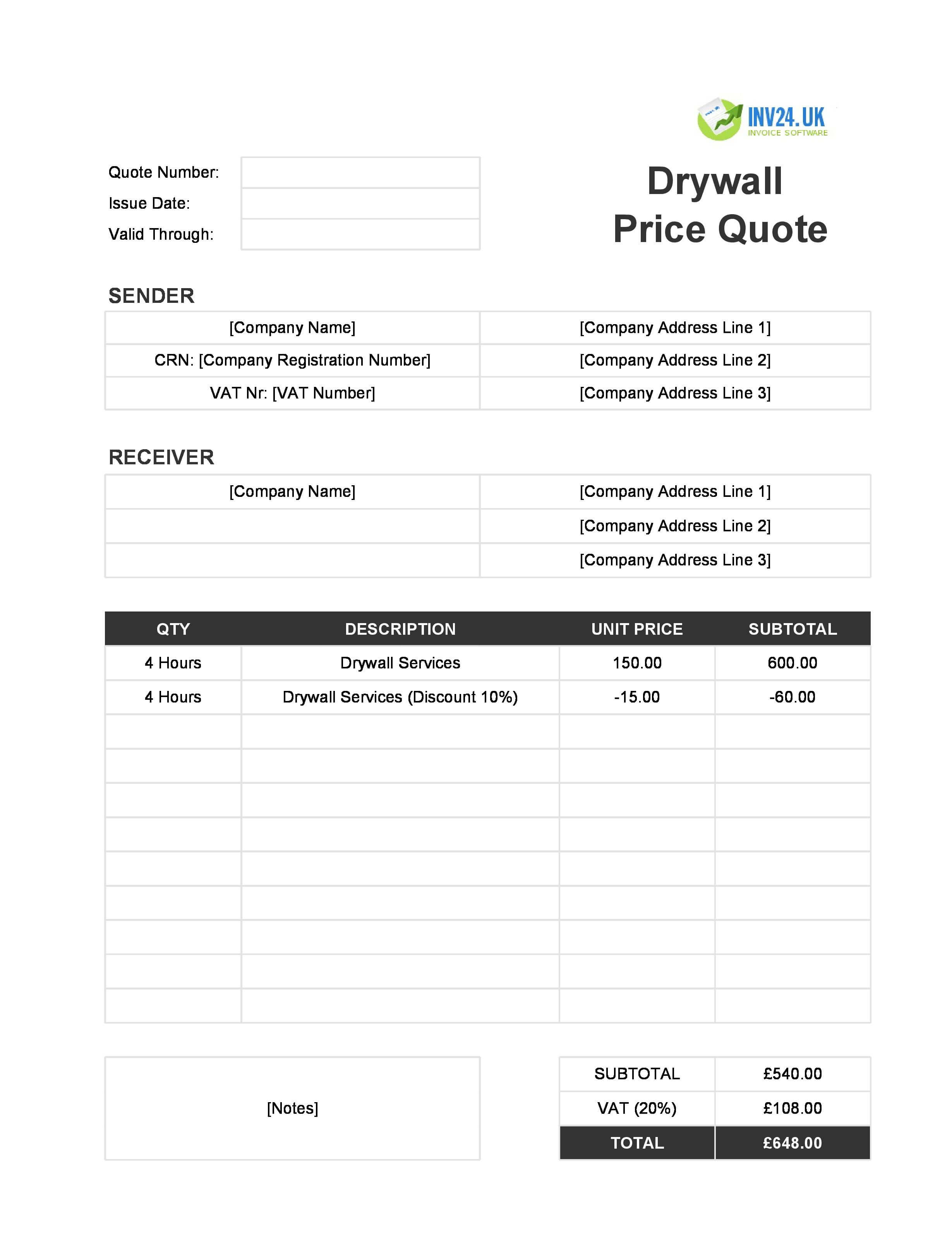 Drywall Quote Template for UK (Excel / Google Sheets)