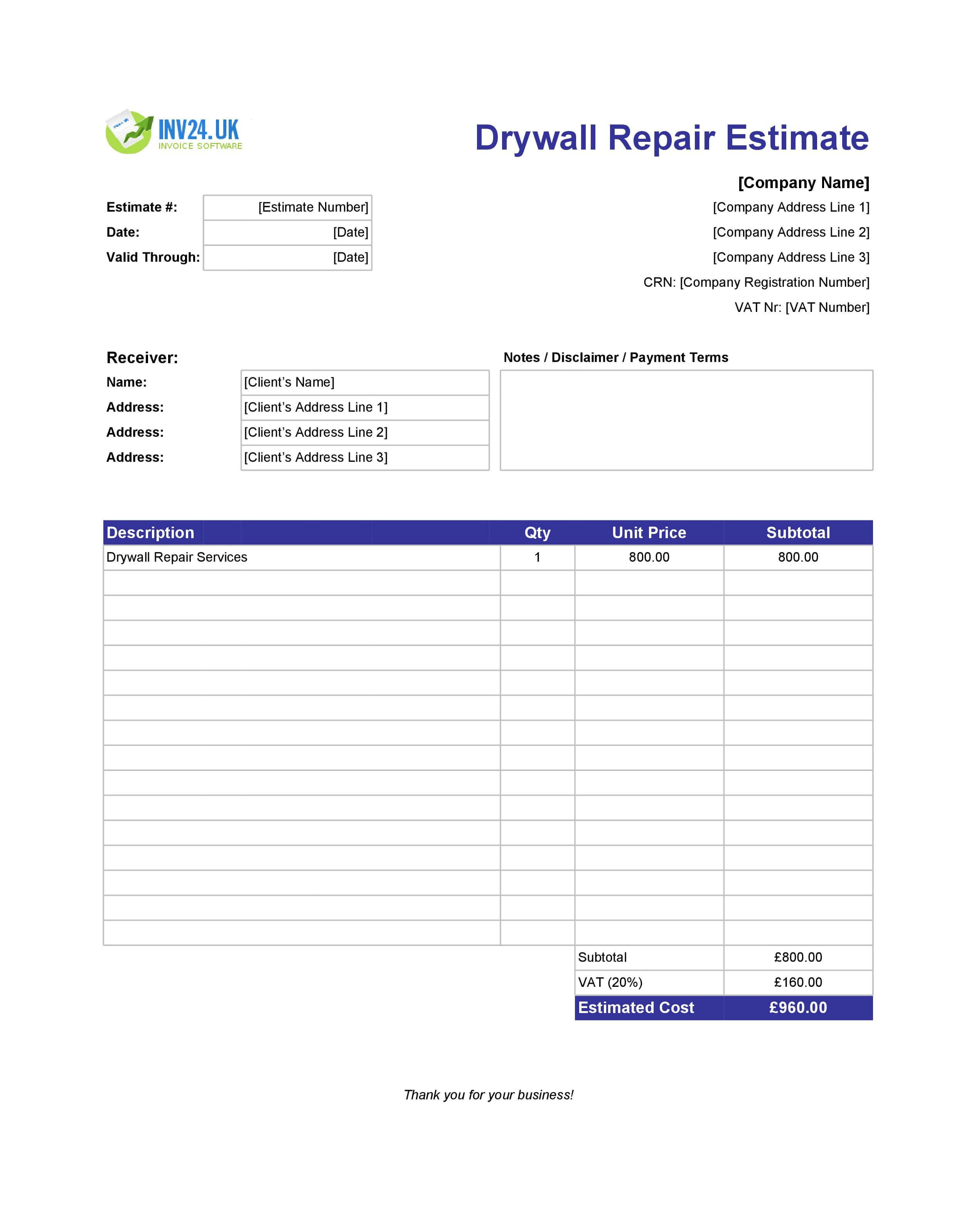 Drywall Repair Estimate Template for UK (Excel / Google Sheets)