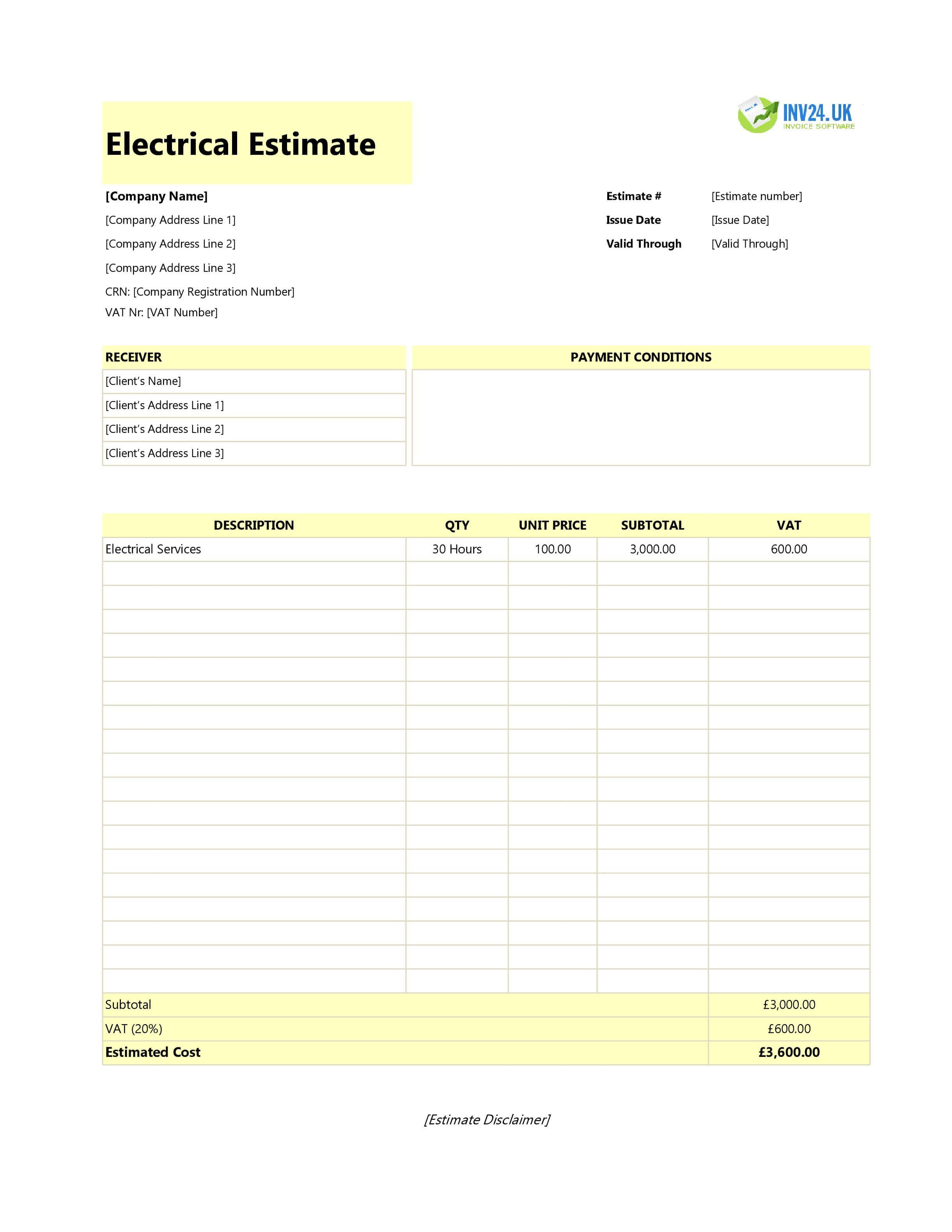 Electrical Estimate Template for UK (Excel / Google Sheets)