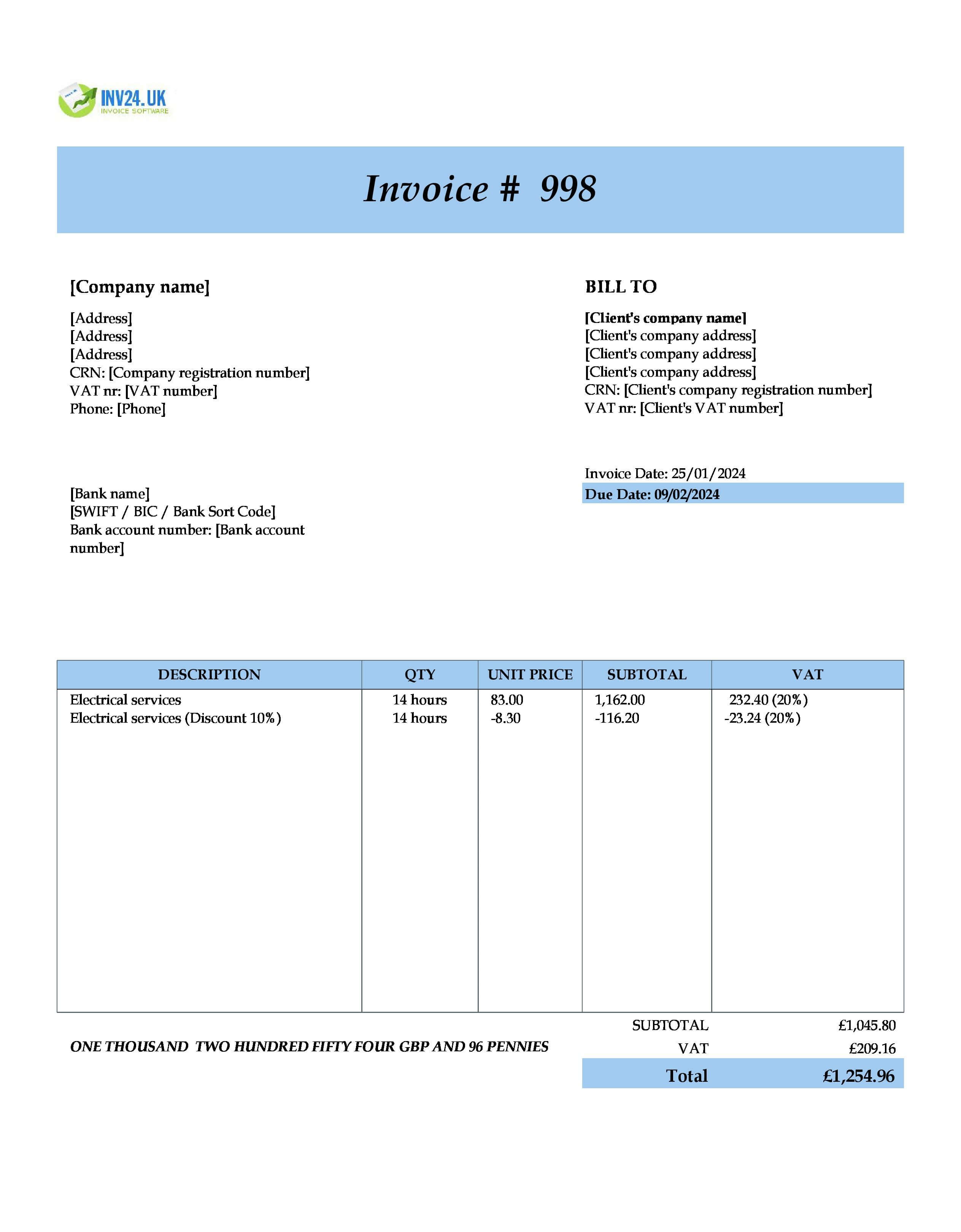 Electrical Invoice Template UK (Excel / Google Sheets)
