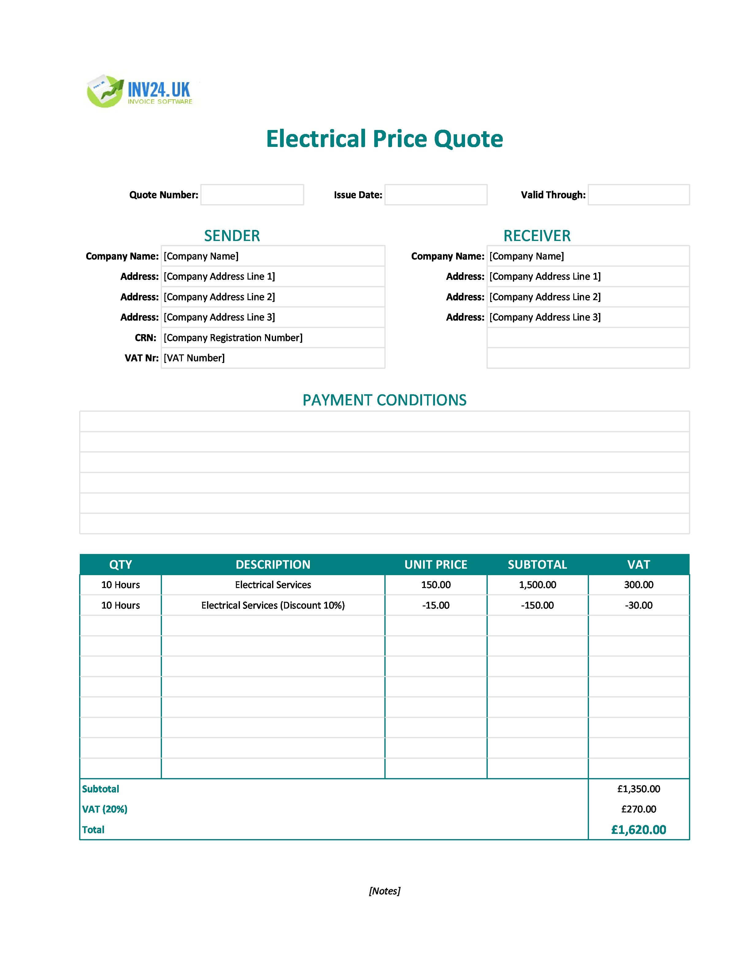 Electrical Quote Template for UK (Excel / Google Sheets)