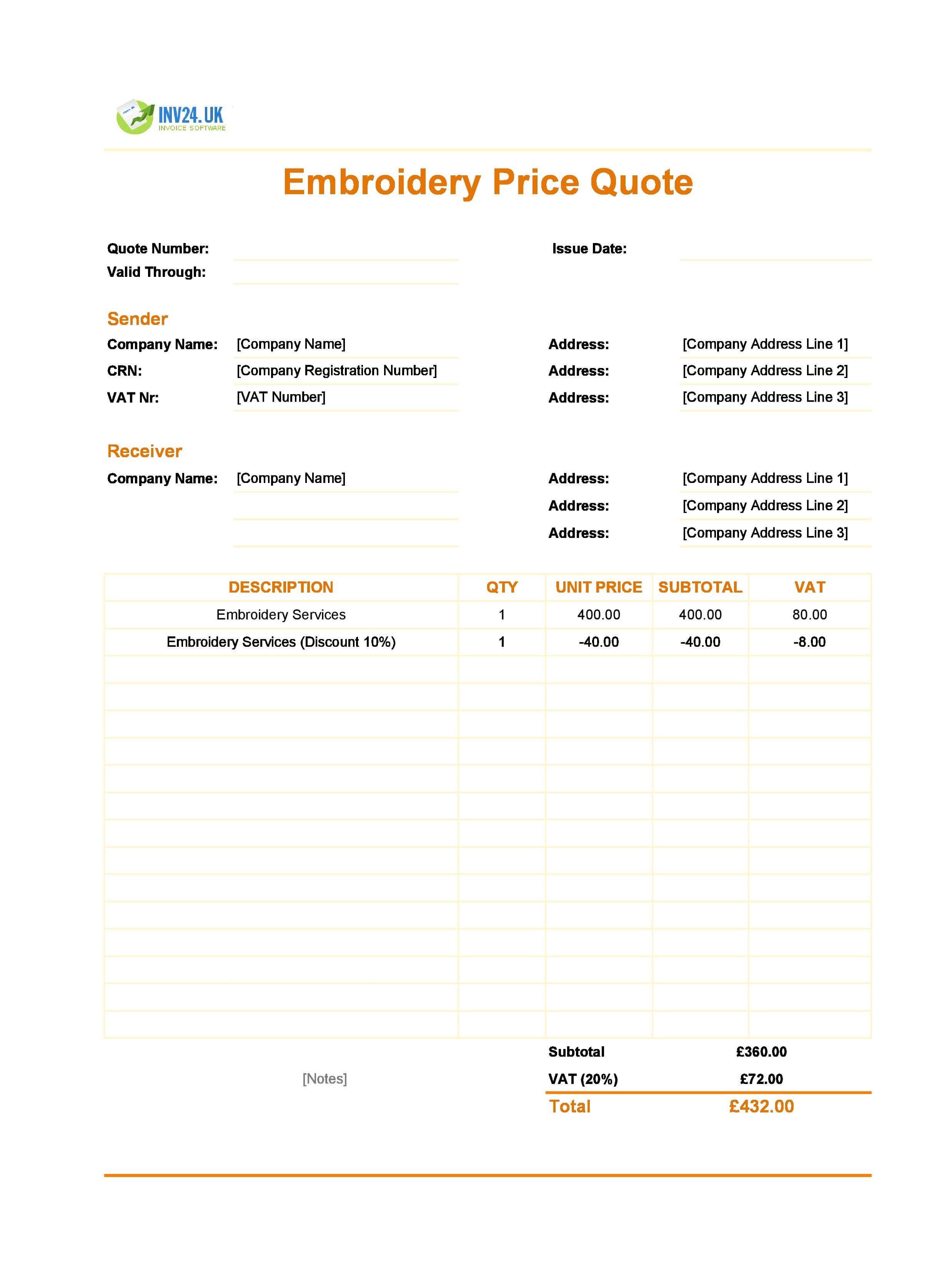 Embroidery Quote Template for UK (Excel / Google Sheets)