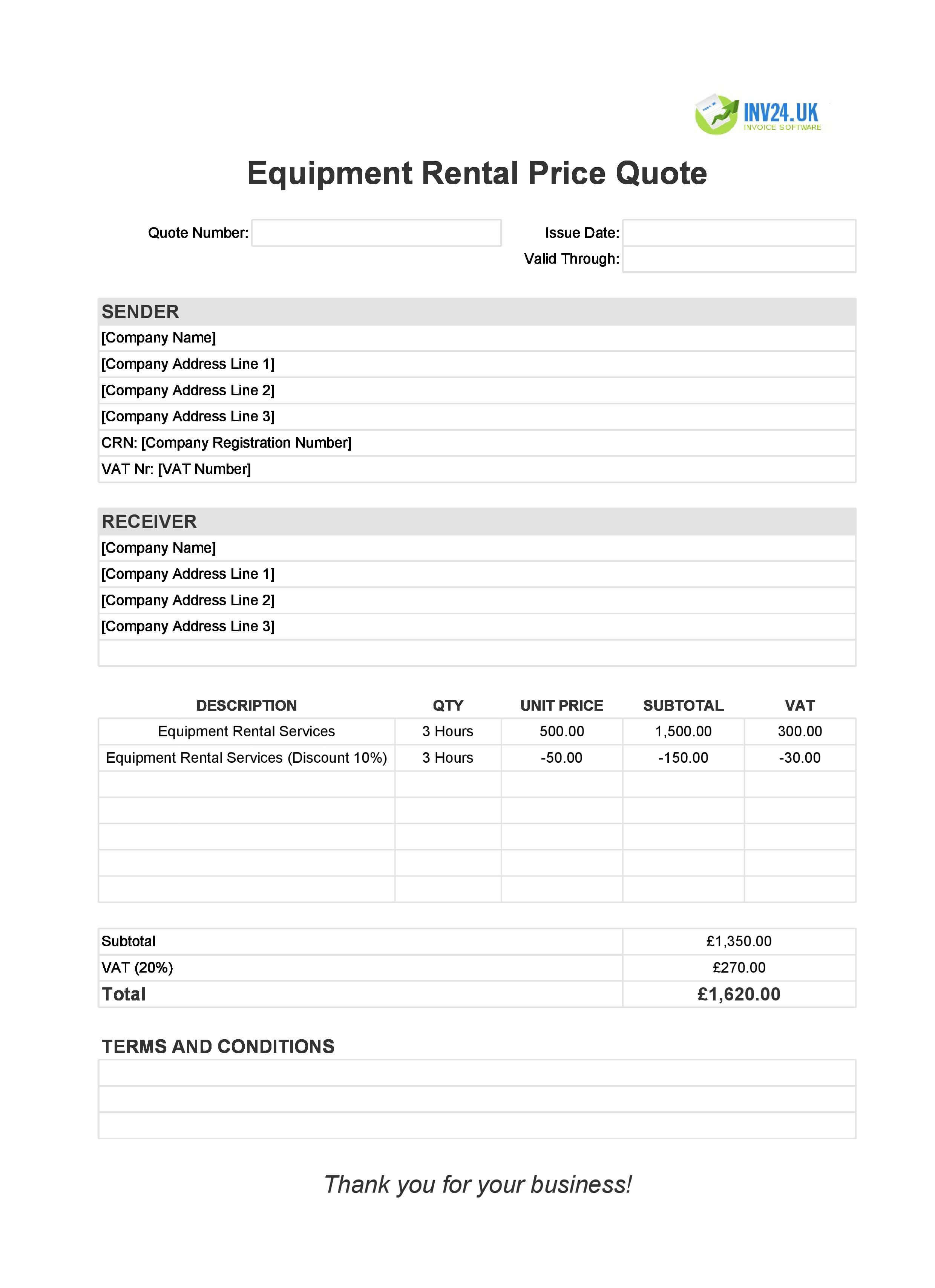 Equipment Rental Quote Template for UK (Excel / Google Sheets)