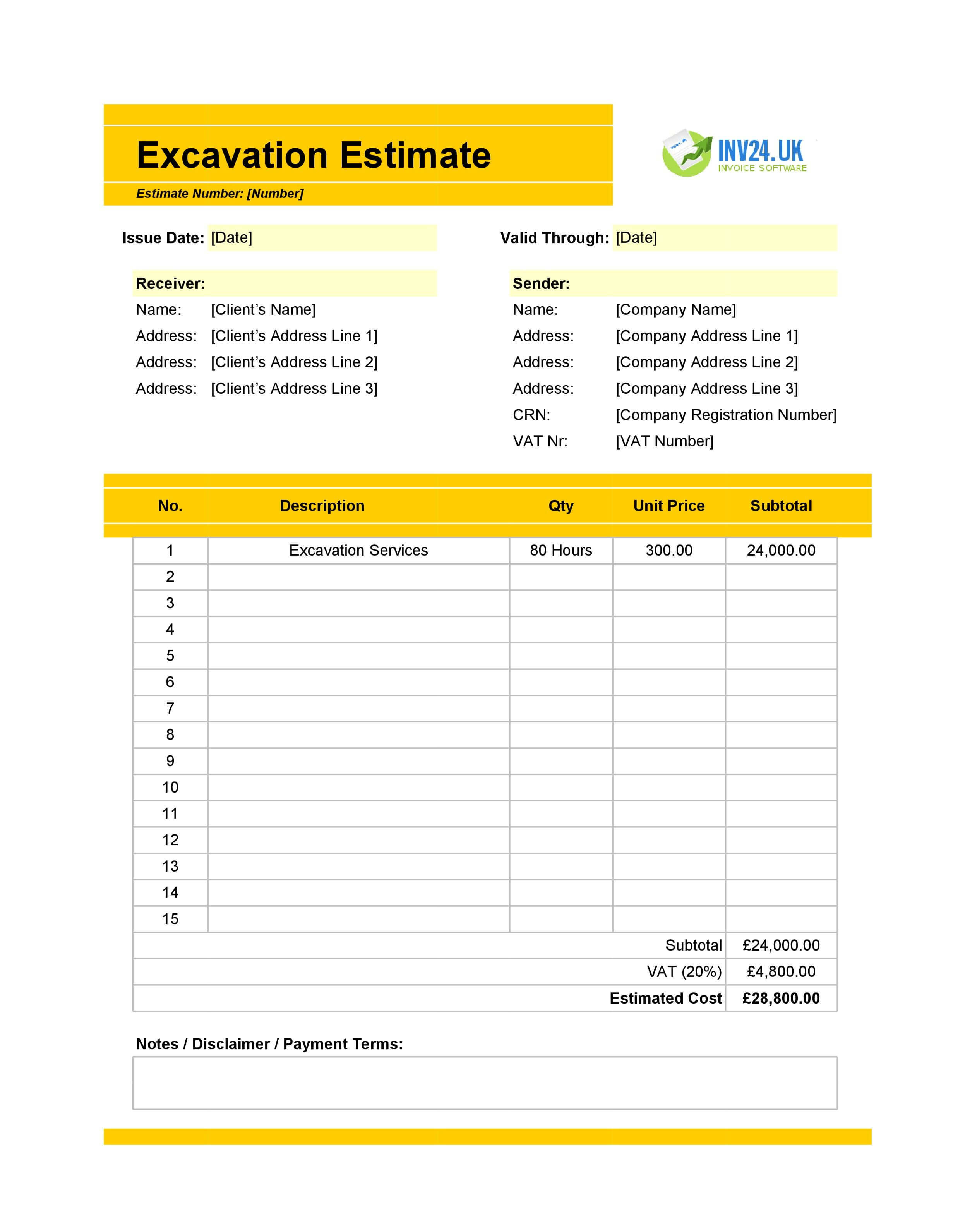 Excavation Estimate Template for UK (Excel / Google Sheets)