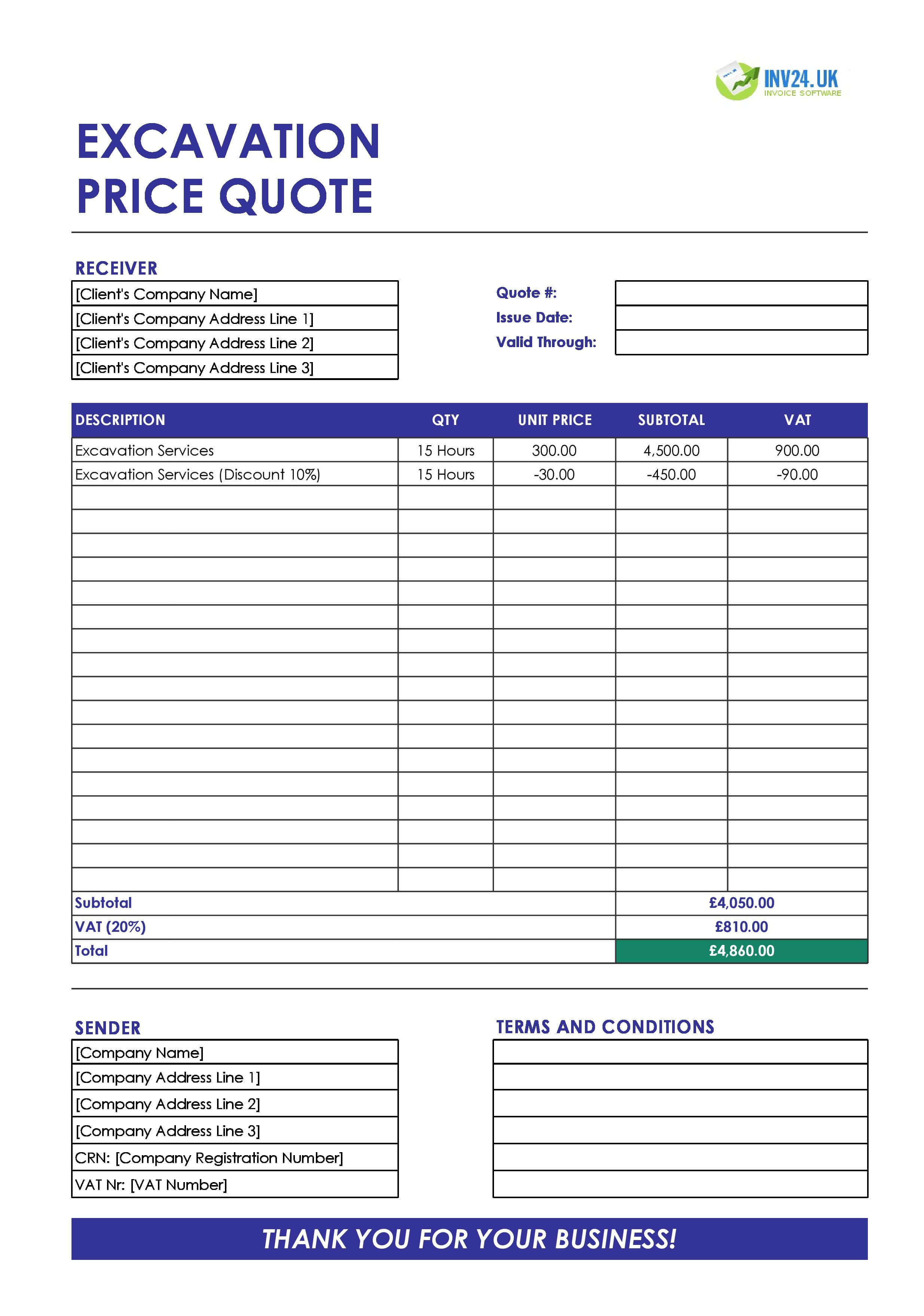 Excavation Quote Template for UK (Excel / Google Sheets)